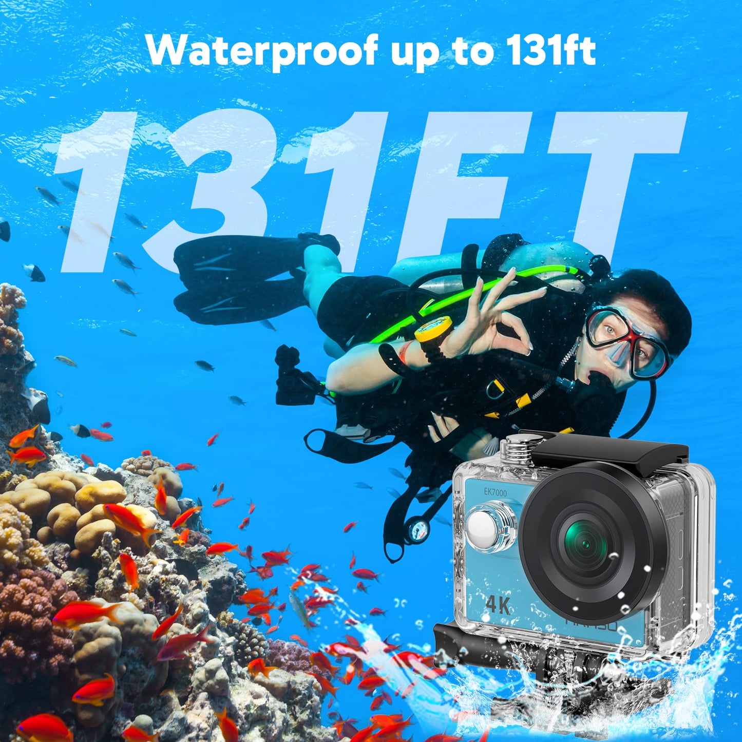 AKASO EK7000 4K30FPS 20MP WiFi Action Camera with EIS Ultra HD Underwater Camera 131FT Waterproof Camera Remote Control 4X Zoom in Photo Mode Support External Microphone Black