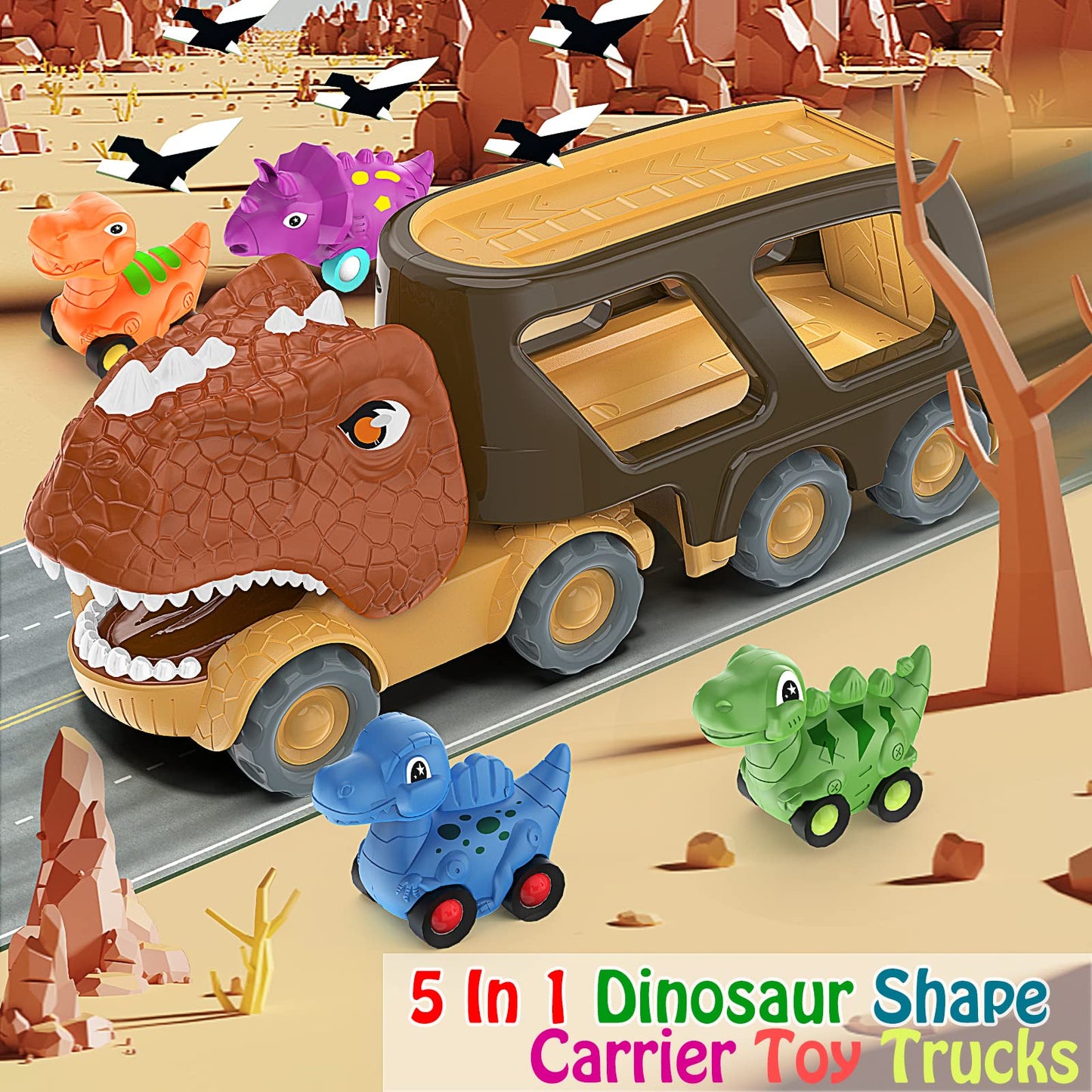 Veslier Dinosaur Car Toy for 2 3 4 5 Years Old Boys, Friction Power Carrier Truck with 4 Pack Small Pull Back Dino Car, Christmas Birthday Gift for 18+ Months Boy Girl Kids Toddlers