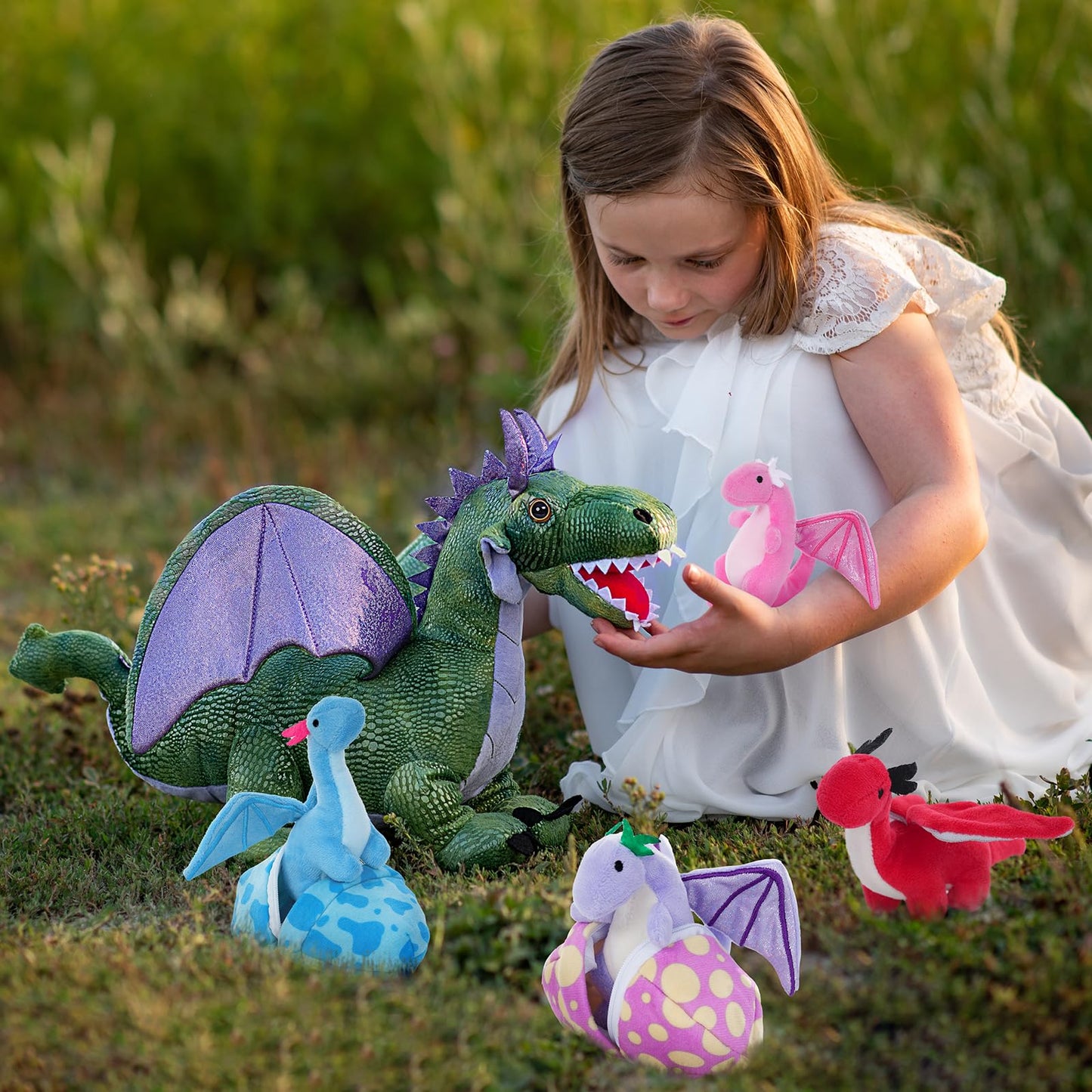 MaoGoLan 4 Pcs Dinosaur Stuffed Animals for Girls,Purple Stuffed Dinosaurs Plush Toys Set for Toddlers, Mummy Dinosaur with 3 Baby Triceratops Plushies, for Kids