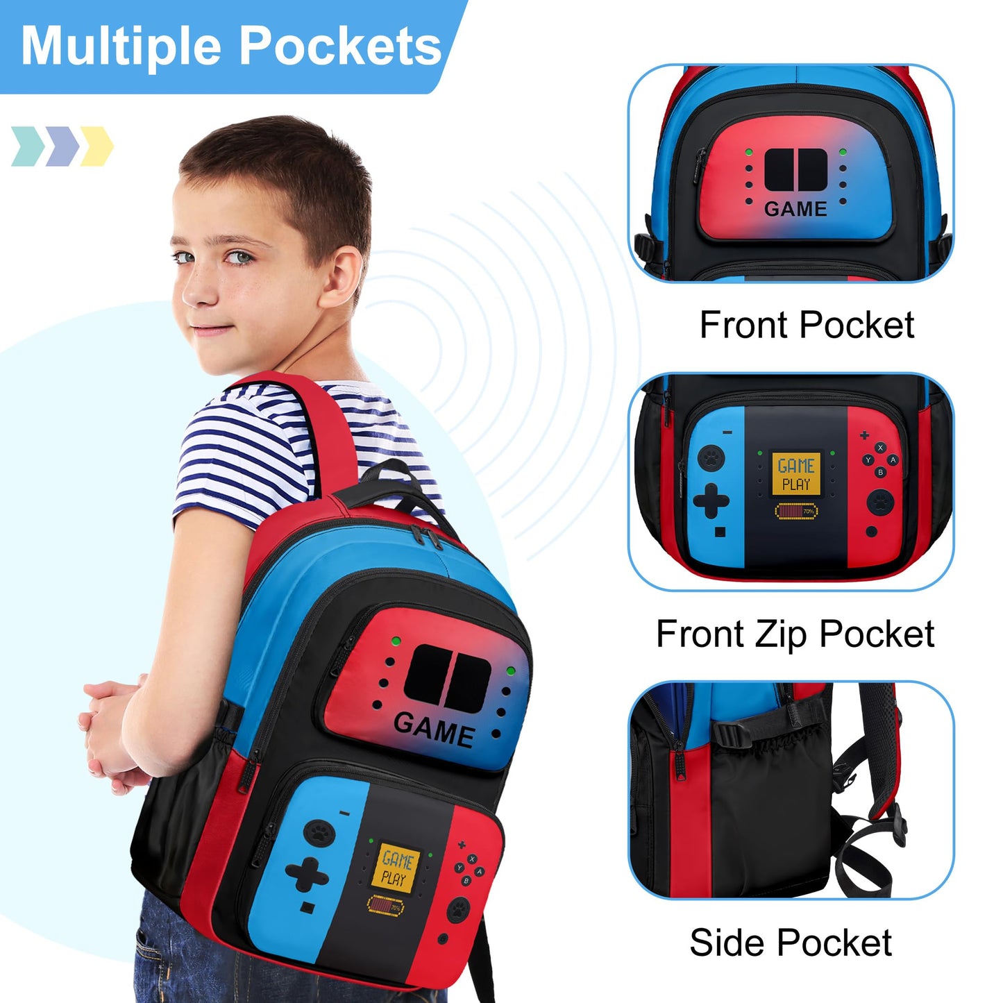 Game Backpack Set for Boys Kids, Gaming Kids Boys Backpack with Lunch Box and Pencil Bag, Large Capacity Game School Bag 17"