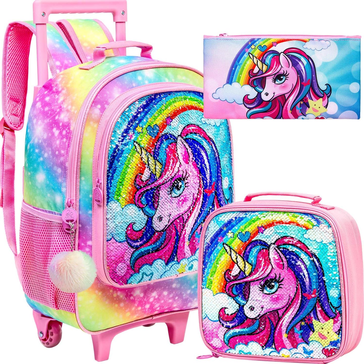 3PCS Rolling Backpack for Girls Boys, Kids Roller Wheeled Bookbag with Lunch Box, Backpacks with Wheels for Elementary