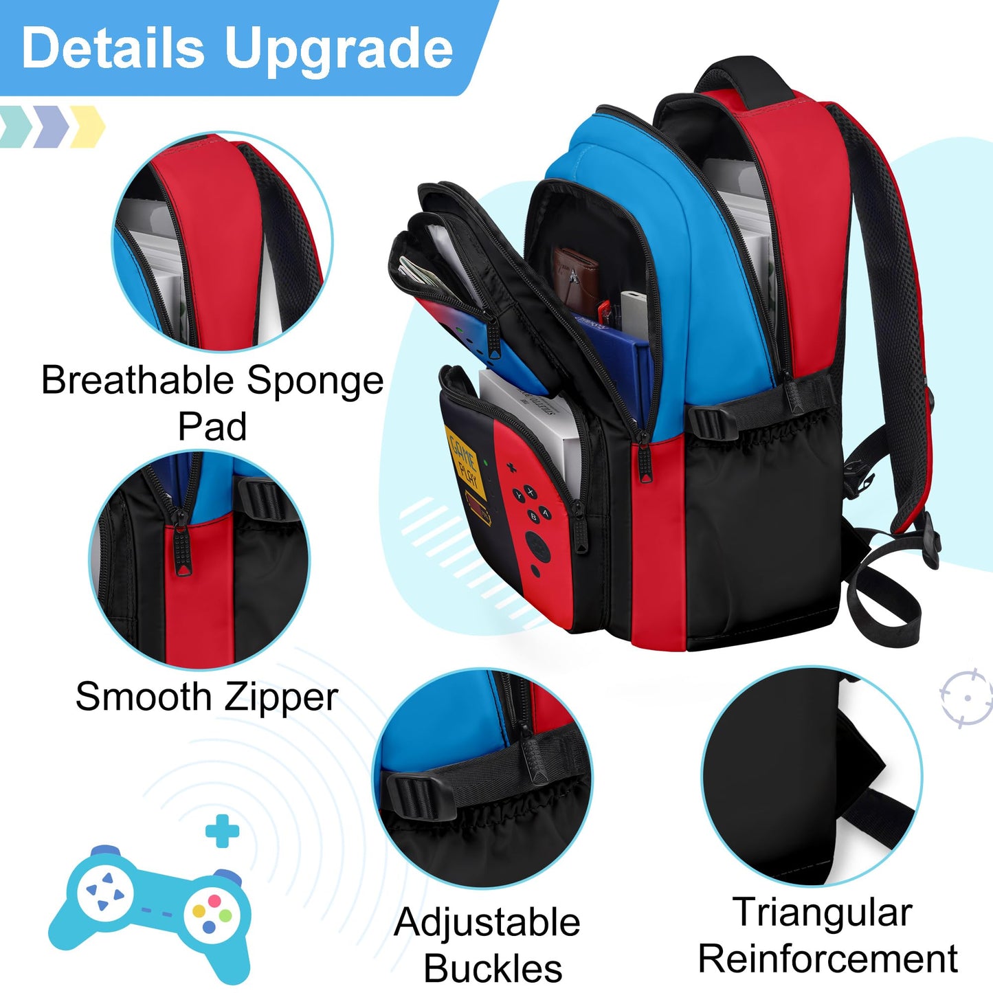 Game Backpack Set for Boys Kids, Gaming Kids Boys Backpack with Lunch Box and Pencil Bag, Large Capacity Game School Bag 17"