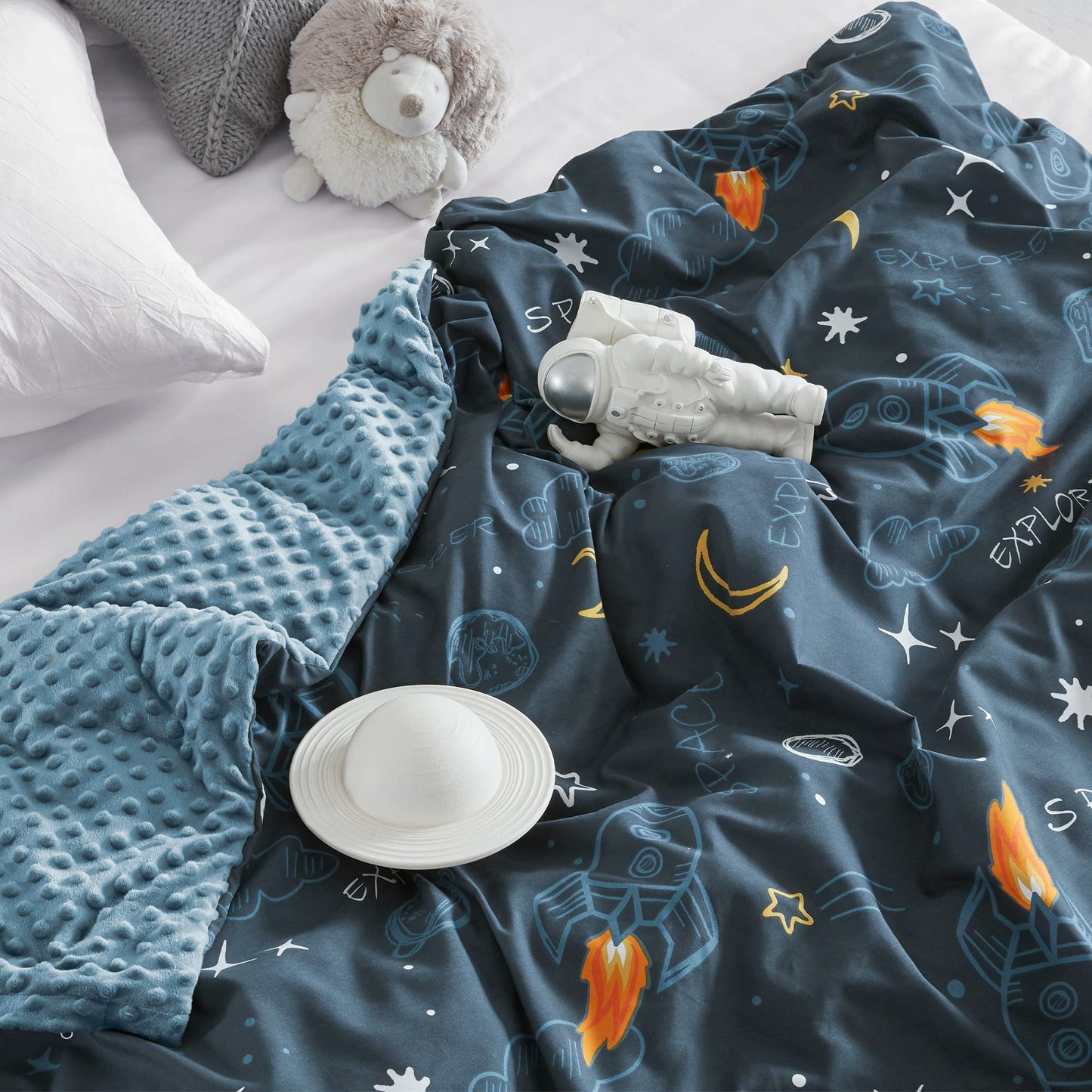 SLEEP ZONE Cooling Weighted Blanket for Throw Size (36"x48", 5 lb) with Removable Minky Cover and Premium Glass Beads, Space Rocket Pattern