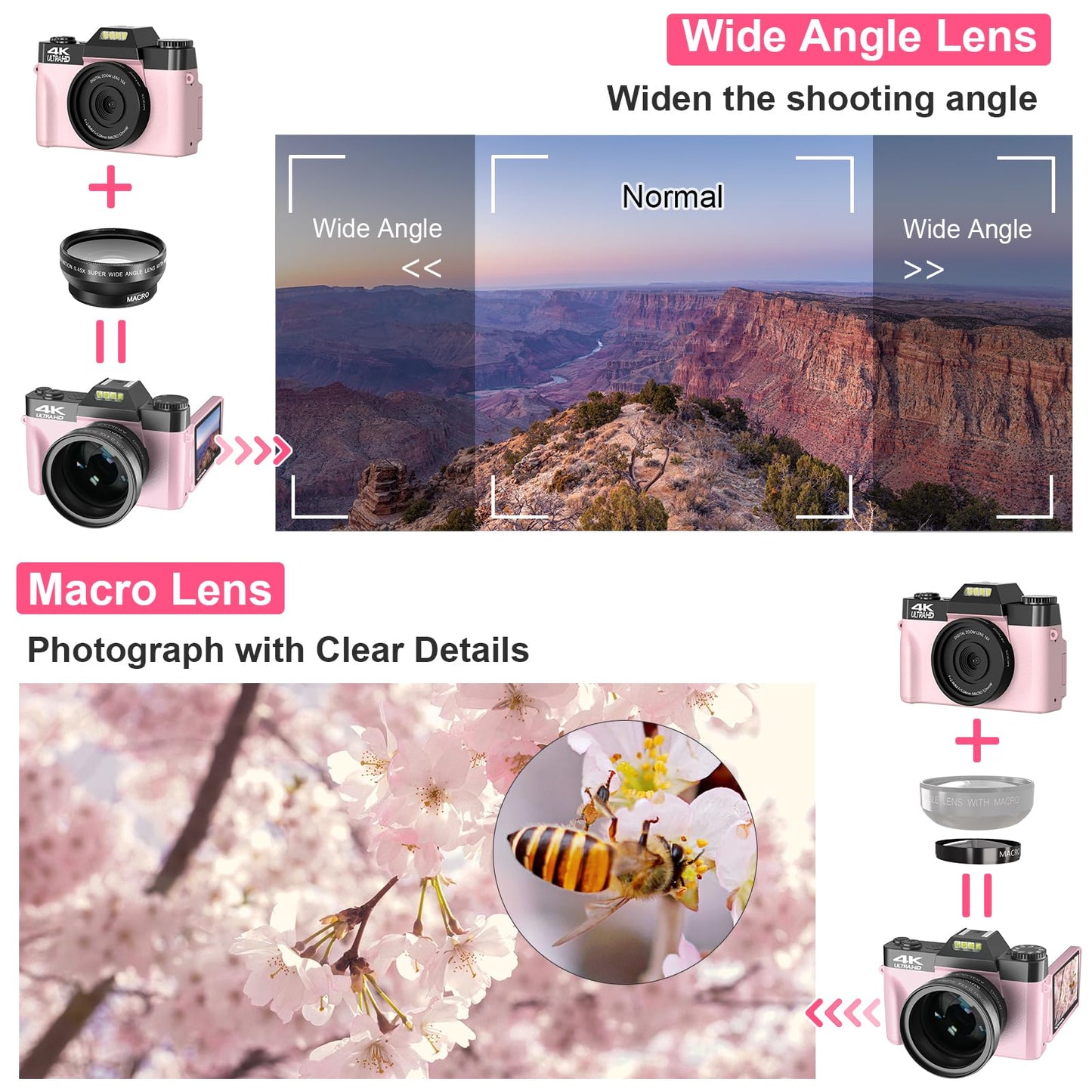 VETEK Digital Cameras for Photography, 4K 48MP Vlogging Camera 16X Digital Zoom Manual Focus Students Compact Camera with 52mm Wide-Angle Lens & Macro Lens, 32G Micro Card and 2 Batteries (Pink)