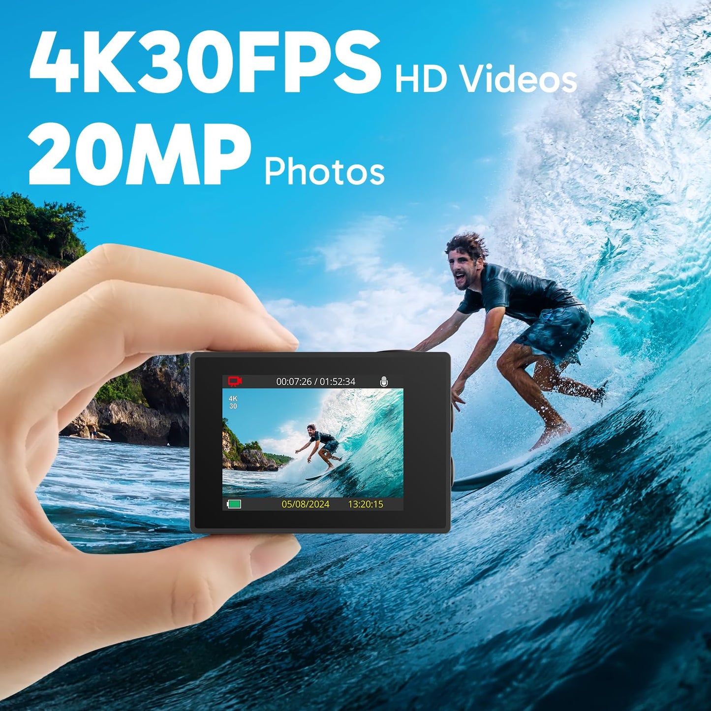 AKASO EK7000 4K30FPS 20MP WiFi Action Camera with EIS Ultra HD Underwater Camera 131FT Waterproof Camera Remote Control 4X Zoom in Photo Mode Support External Microphone Black