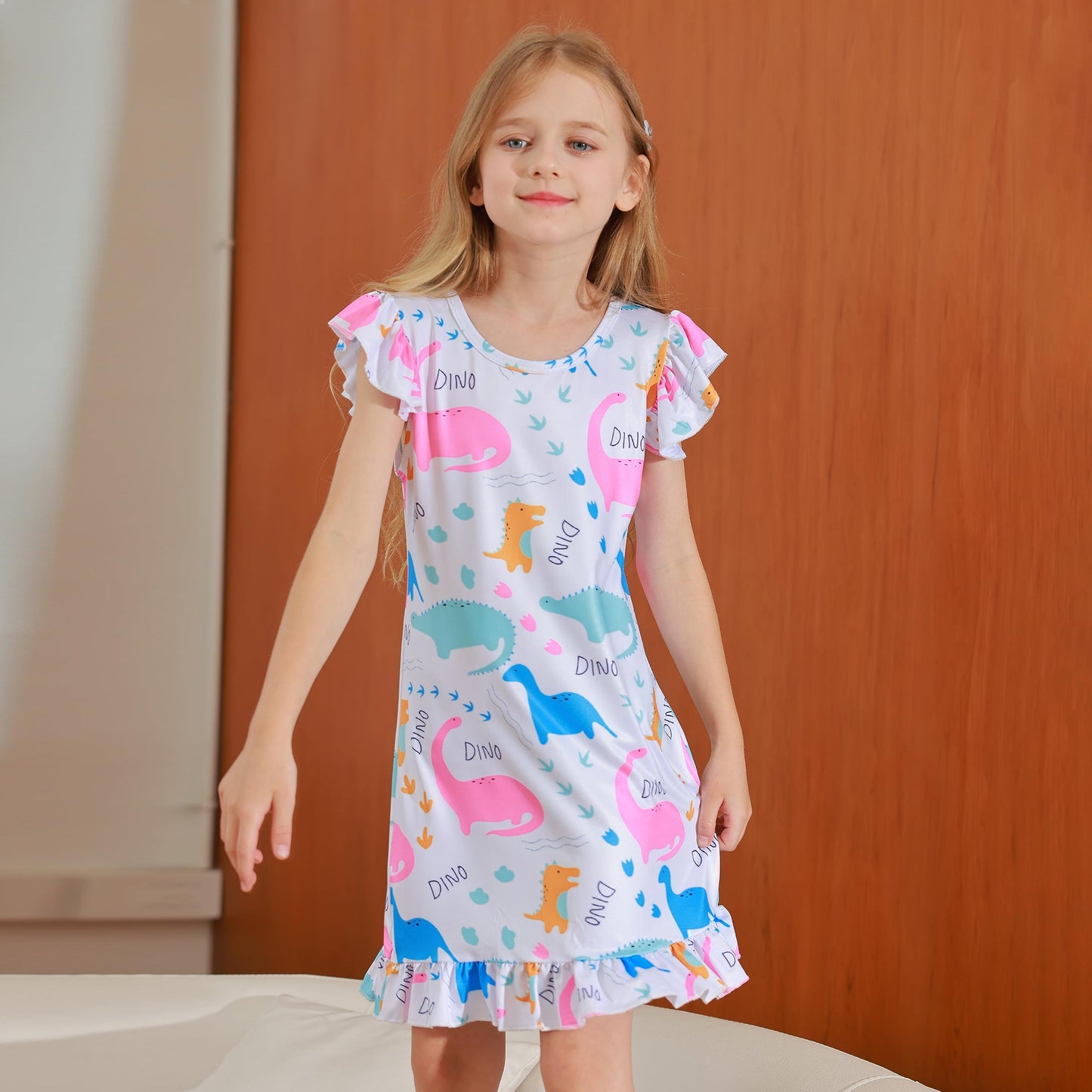 LQSZ 2Pcs Girls Nightgowns 3-10 Years Flutter Short Sleeves Nightdress Nightie Dress Sleepwear Pajamas for Little Girls