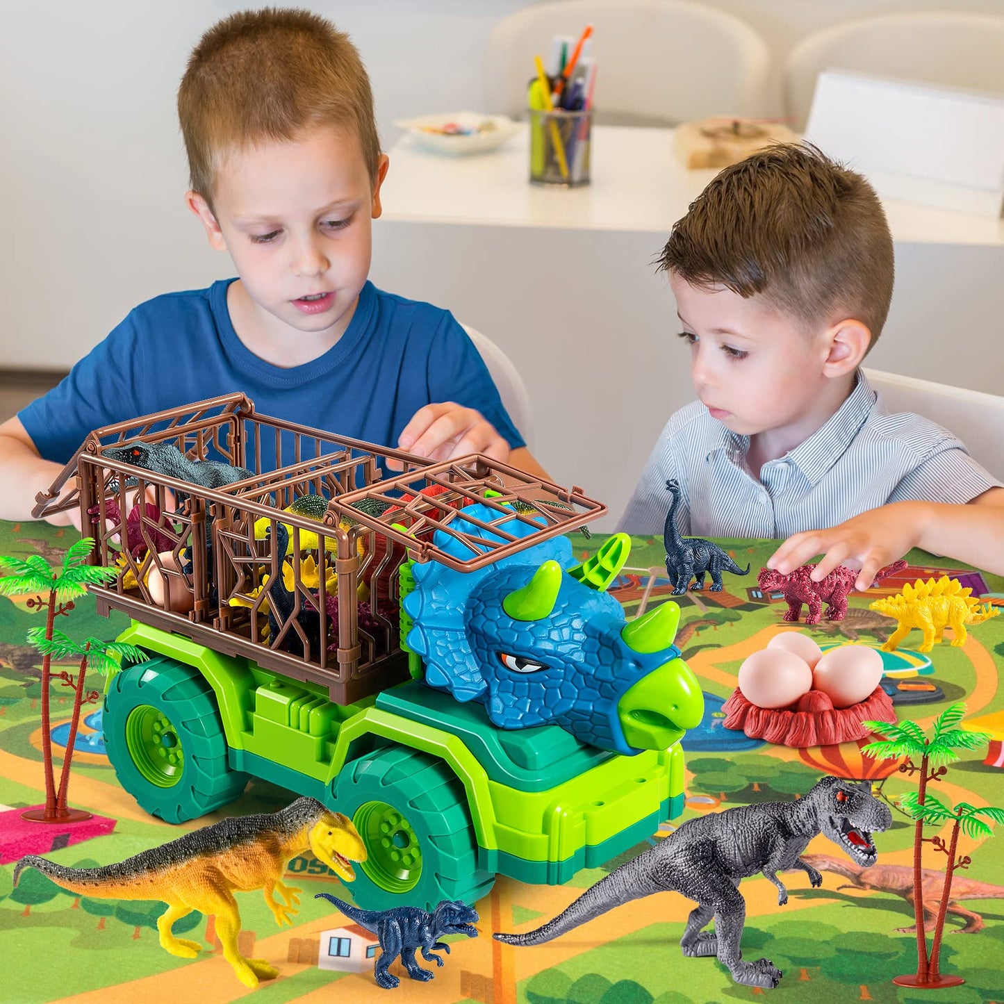 TEMI Dinosaur Truck Toys for Kids 3-5 Years, Tyrannosaurus Transport Car Carrier Truck with 8 Dino Figures, Activity Play Mat, Dinosaur Eggs, Trees, Capture Jurassic Play Set for Boys and Girls