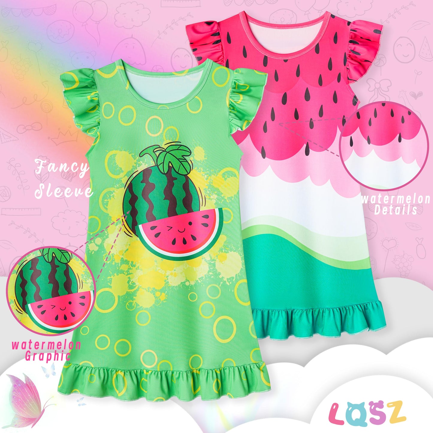 LQSZ 2Pcs Girls Nightgowns 3-10 Years Flutter Short Sleeves Nightdress Nightie Dress Sleepwear Pajamas for Little Girls