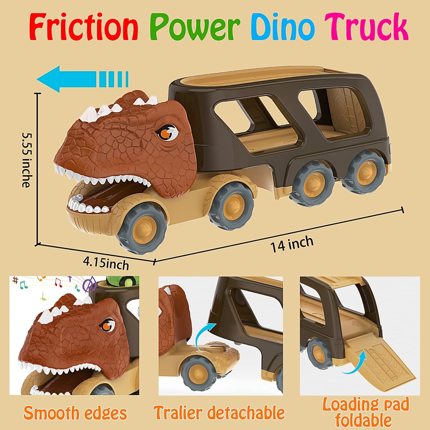 Veslier Dinosaur Car Toy for 2 3 4 5 Years Old Boys, Friction Power Carrier Truck with 4 Pack Small Pull Back Dino Car, Christmas Birthday Gift for 18+ Months Boy Girl Kids Toddlers