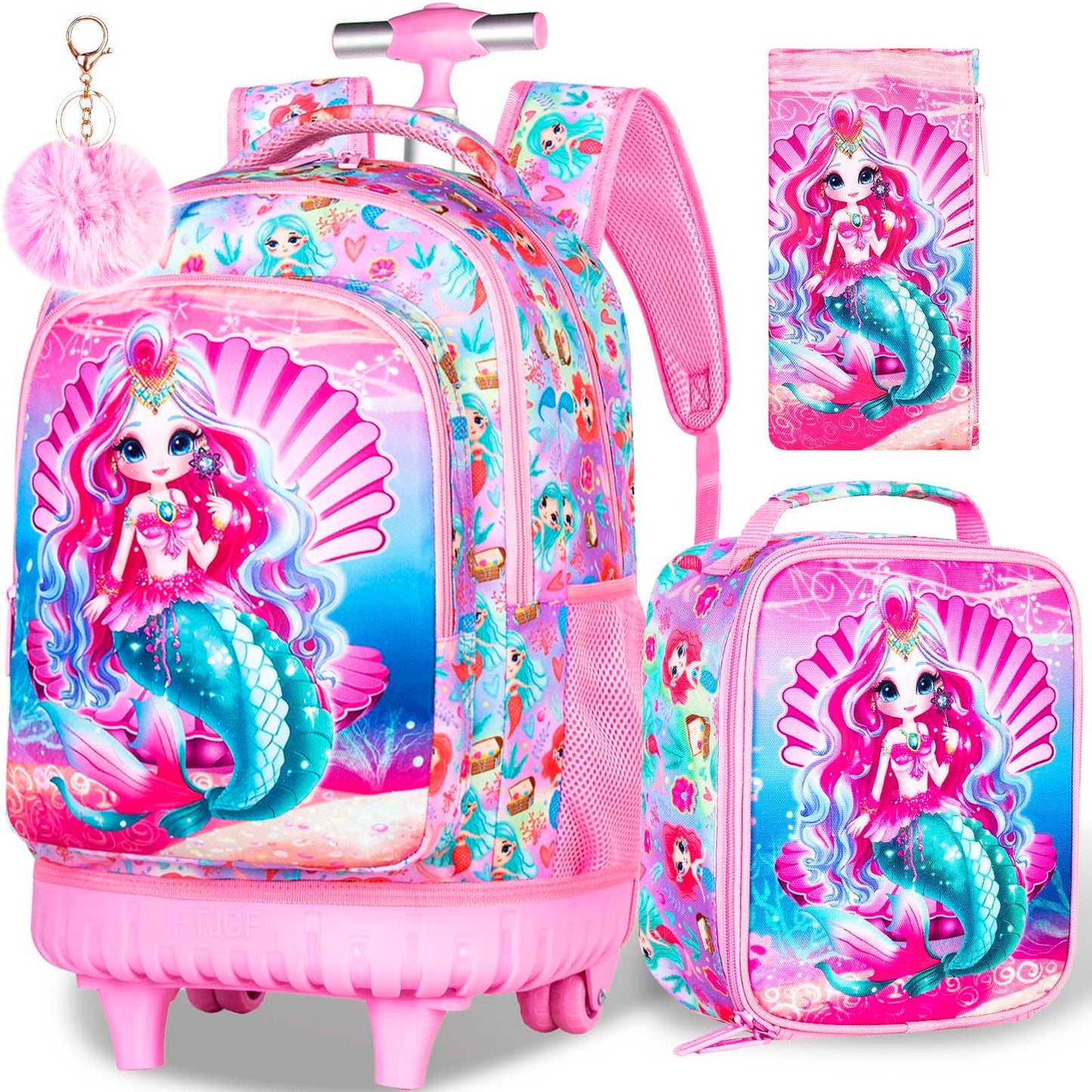 gxtvo 3PCS Unicorn Rolling Backpack for Girls,Cute Kids School Bag with Wheels,Water Resistant Roller Bookbag Set for Elementary Preschool - Pink