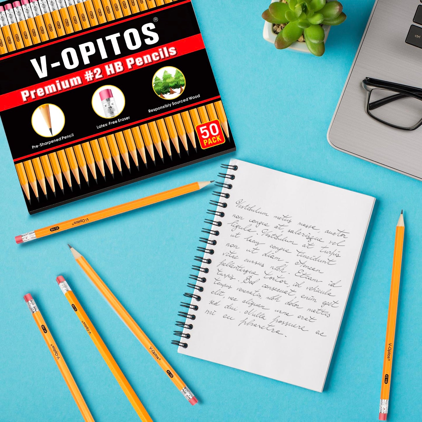 V-Opitos Wood-Cased #2 HB Pencils, 50 Pack Pre-Sharpened Pencils with Top Erasers, Bulk Yellow Pencils for School Teacher Supplies, Writing, Drawing and Sketching