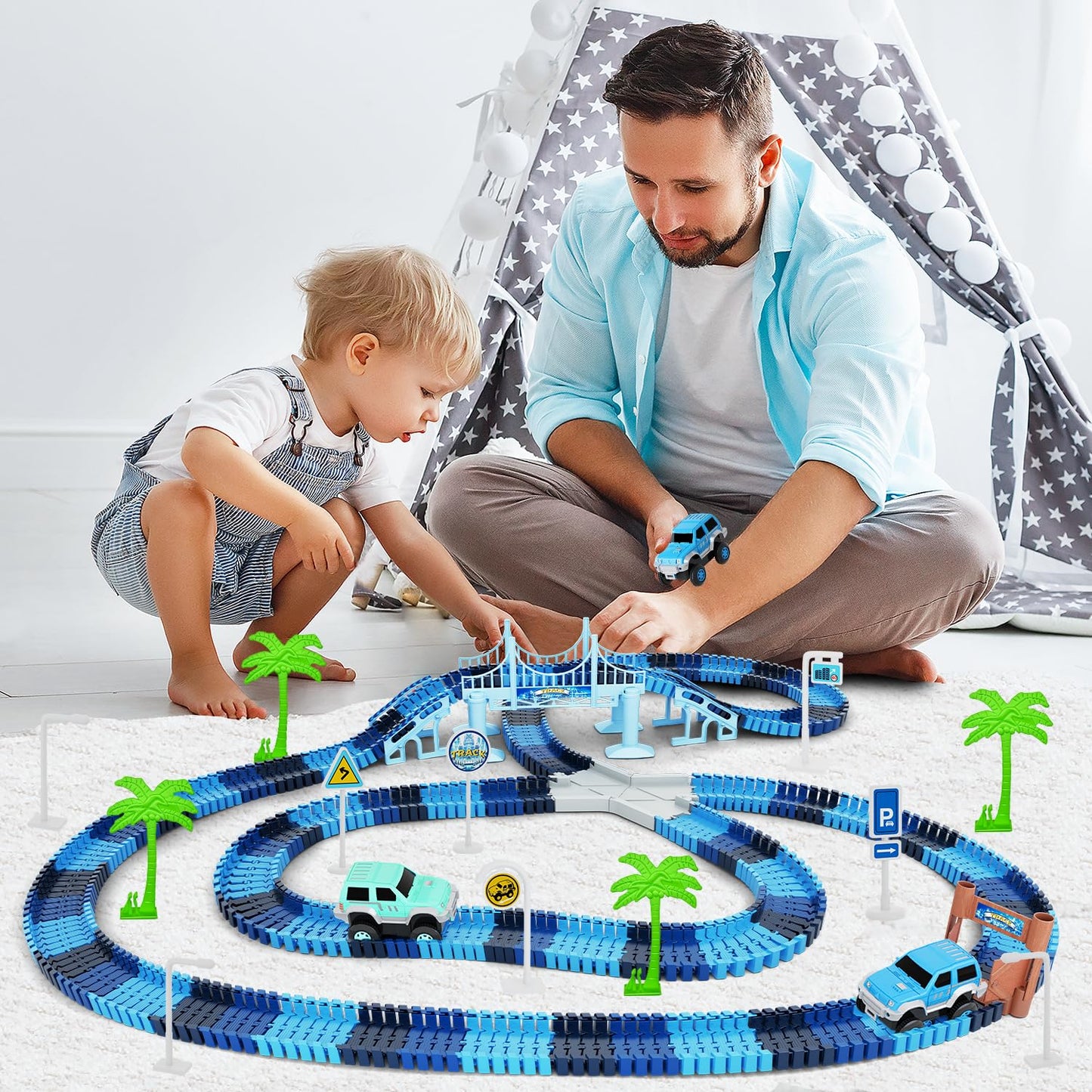 Dinosaur Toys, 252 PCS Create A Dinosaur World Road Race Tracks, Flexible Track Playset, 2pcs Dinosaur Car for 3 4 5 6 Year Old Boys Girls Birthday Party Favor Gift