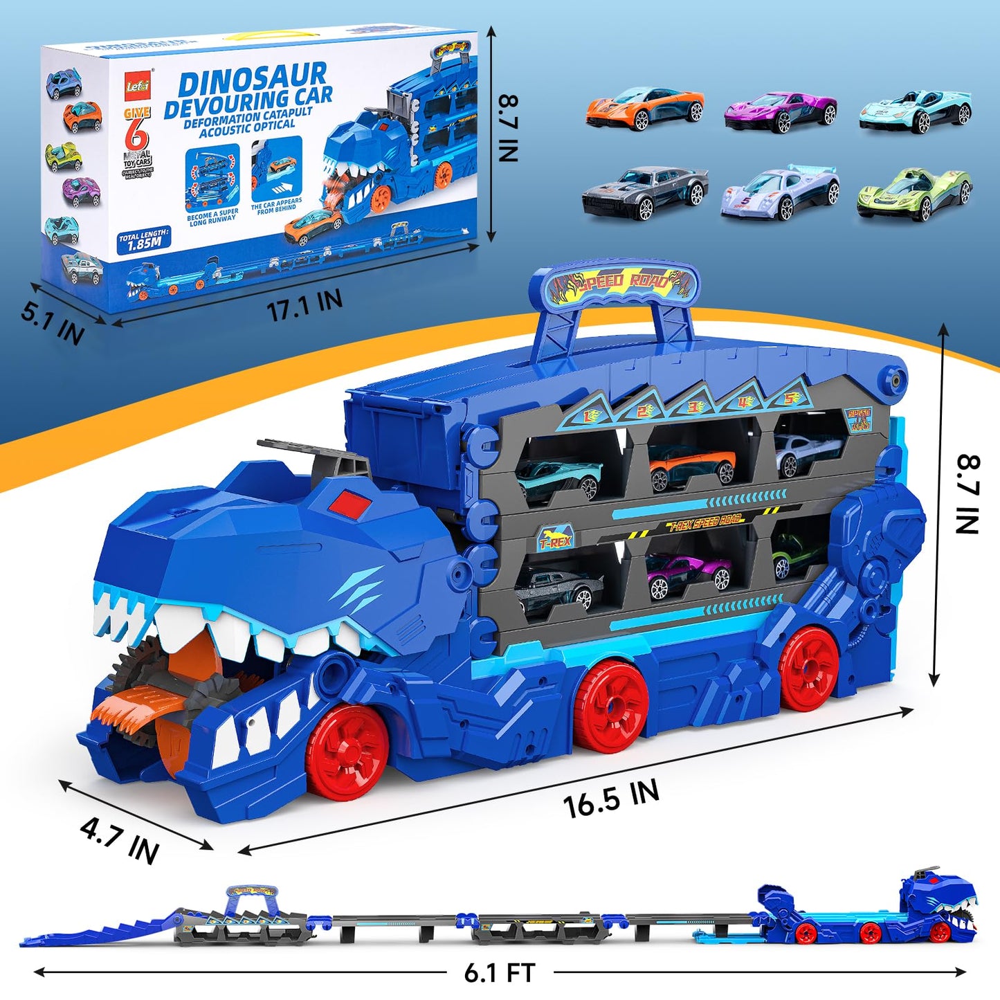 Dinosaur Toys for Kids, Dinosaur Truck with Light and Sounds, 73 Inch Dual Race Track, 6 Metal Racing Cars, Car Carrier Truck Toys, Birthday Gifts Toys for Toddlers Boys 3 4 5 7 8 Year Old