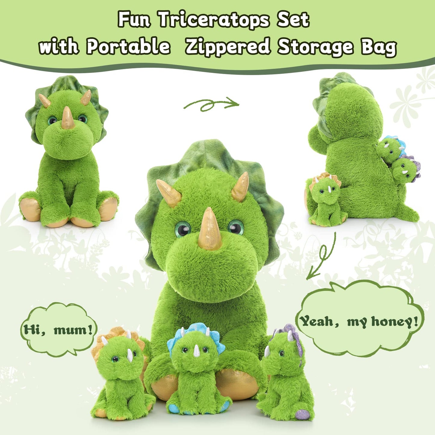 MaoGoLan 4 Pcs Dinosaur Stuffed Animals for Girls,Purple Stuffed Dinosaurs Plush Toys Set for Toddlers, Mummy Dinosaur with 3 Baby Triceratops Plushies, for Kids