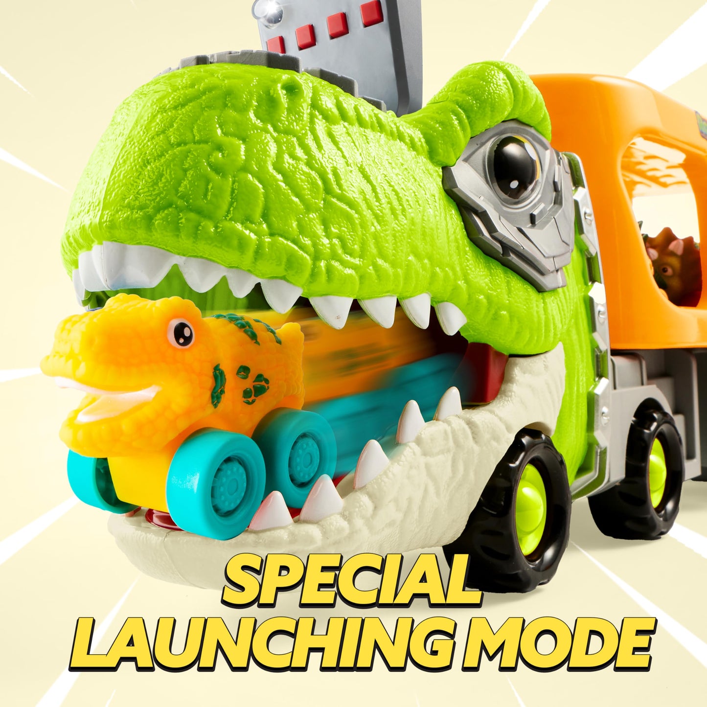 JOYIN Dinosaur Truck Toys for Kids, Kids Toys Boys Age 3 4 5, Dinosaur Car Carrier Truck Toy with 6 Rubber Car Vehicles, Toddler Birthday Gifts with Music & Lights for 3 4 5 Year Old Boys