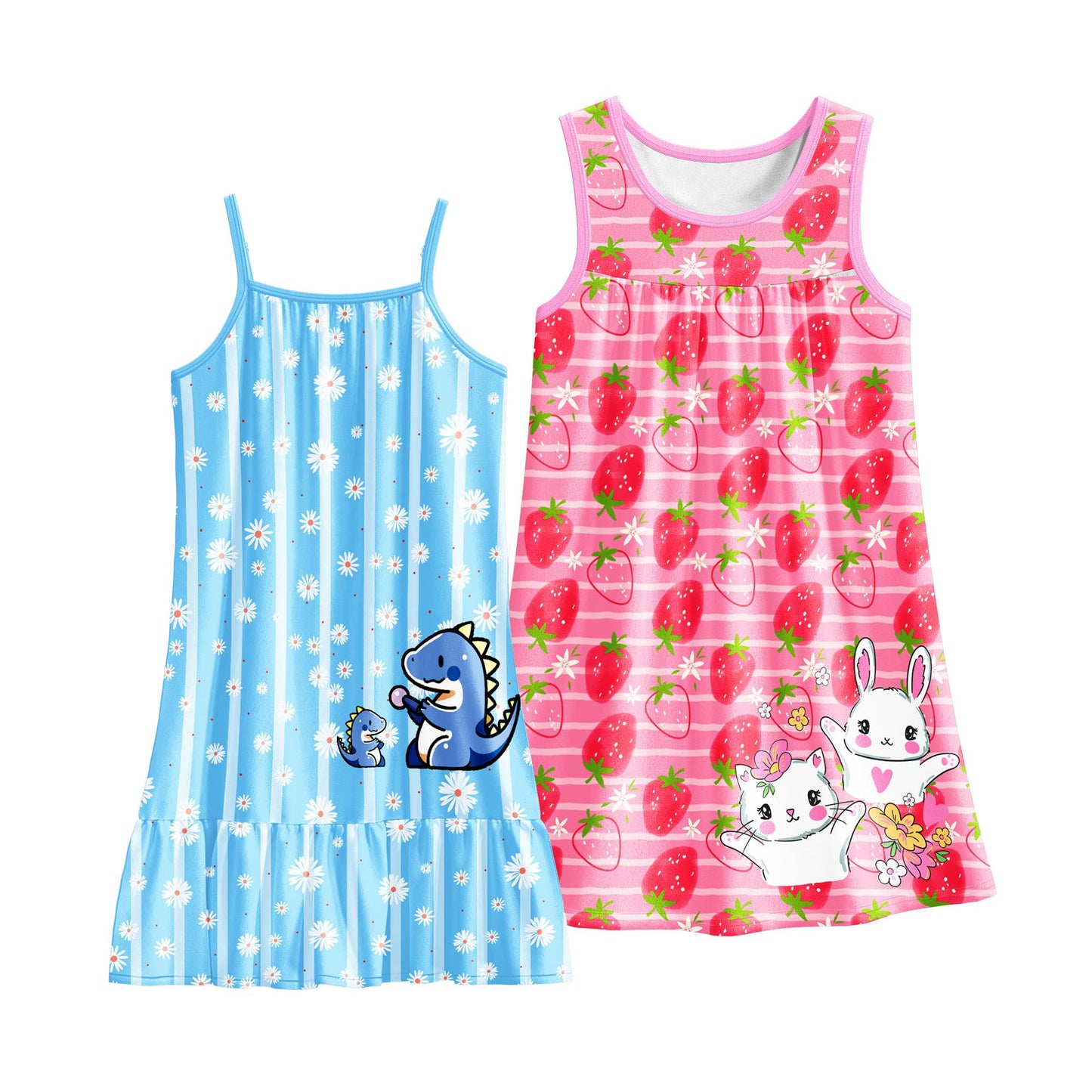 LQSZ 2Pcs Girls Nightgowns 3-10 Years Flutter Short Sleeves Nightdress Nightie Dress Sleepwear Pajamas for Little Girls