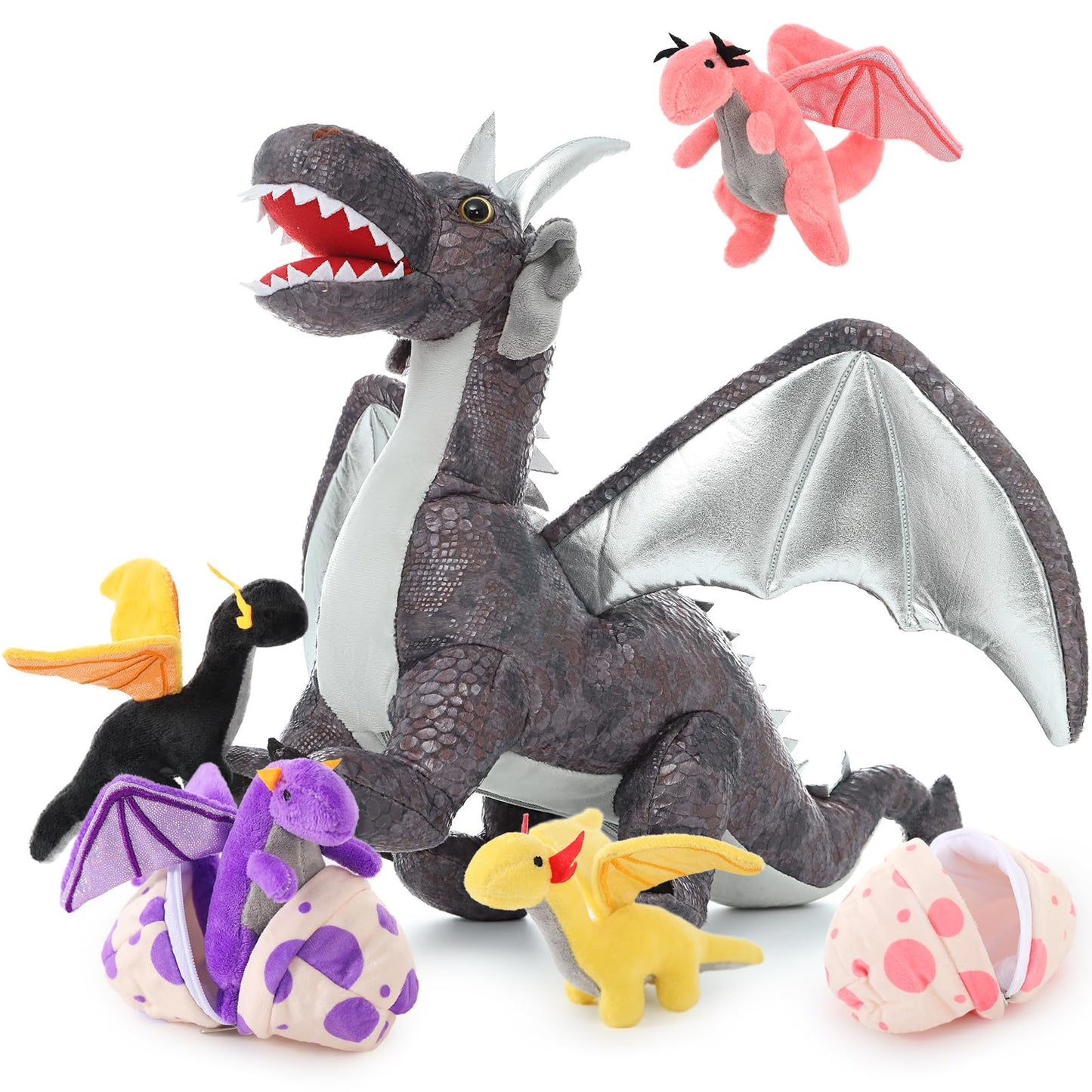 MaoGoLan 4 Pcs Dinosaur Stuffed Animals for Girls,Purple Stuffed Dinosaurs Plush Toys Set for Toddlers, Mummy Dinosaur with 3 Baby Triceratops Plushies, for Kids