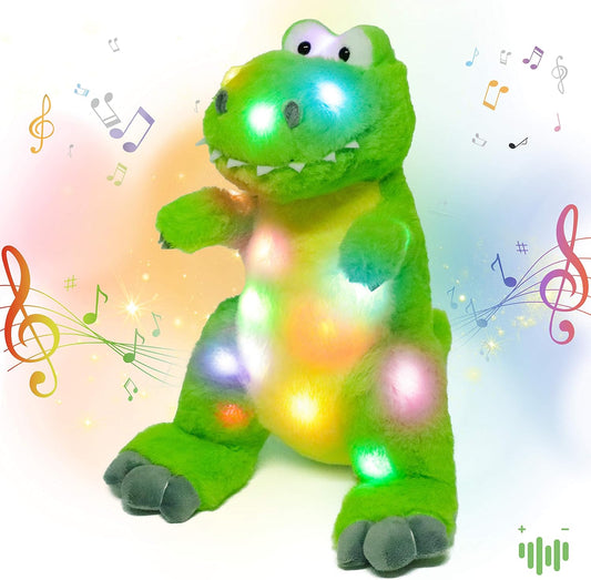 Hopearl LED Musical T-Rex Stuffed Dinosaur Lighting Up Singing Plush Toy Adjustable Volume Lullaby Animated Soothe Birthday Festival for Kids Toddler Girls, Green, 12.5''