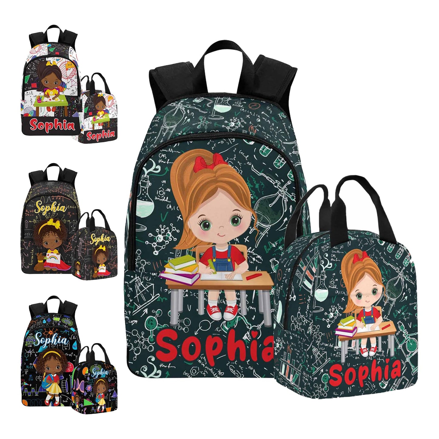 Personalized Backpack Set from Mom Dad, Custom Dark Pink Stars Bookbag and Lunch Box Customized Name Schoolbag Fashion Shoulder Bag Travel Bag for Family