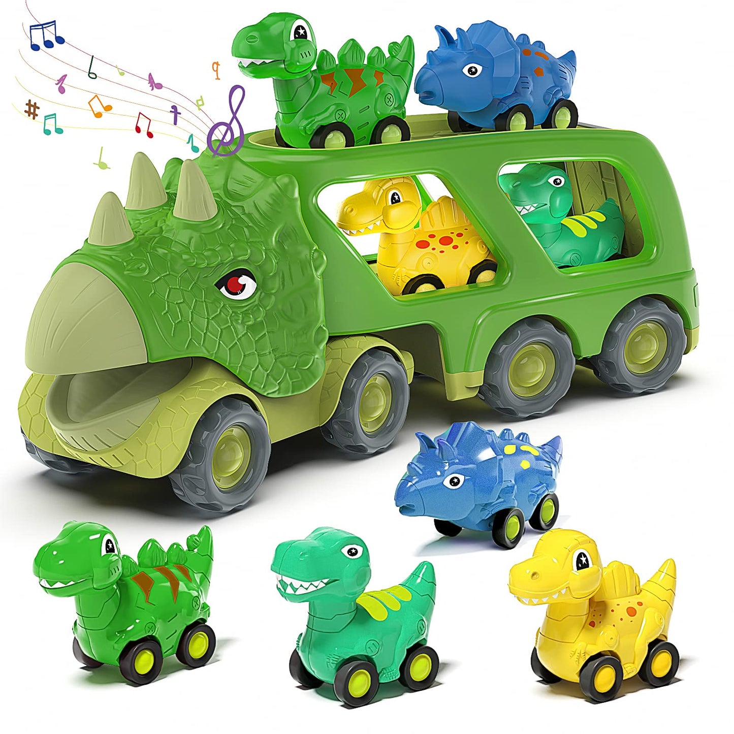 Veslier Dinosaur Car Toy for 2 3 4 5 Years Old Boys, Friction Power Carrier Truck with 4 Pack Small Pull Back Dino Car, Christmas Birthday Gift for 18+ Months Boy Girl Kids Toddlers