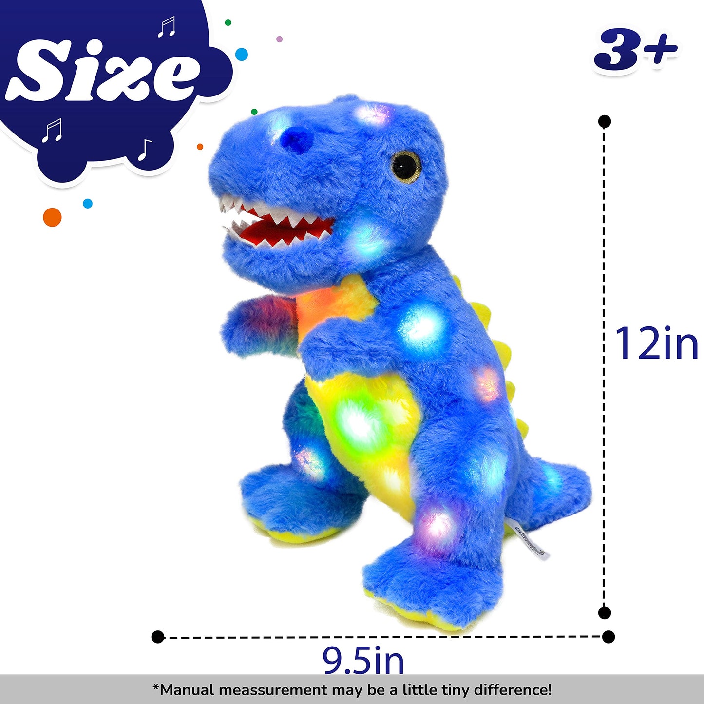 Cuteoy Blue Dinosaur LED Stuffed Animal Light-up Plush Birthday Christmas T-Rex Plushies Toy Gifts for Kids Toddler Girls, 12.5"