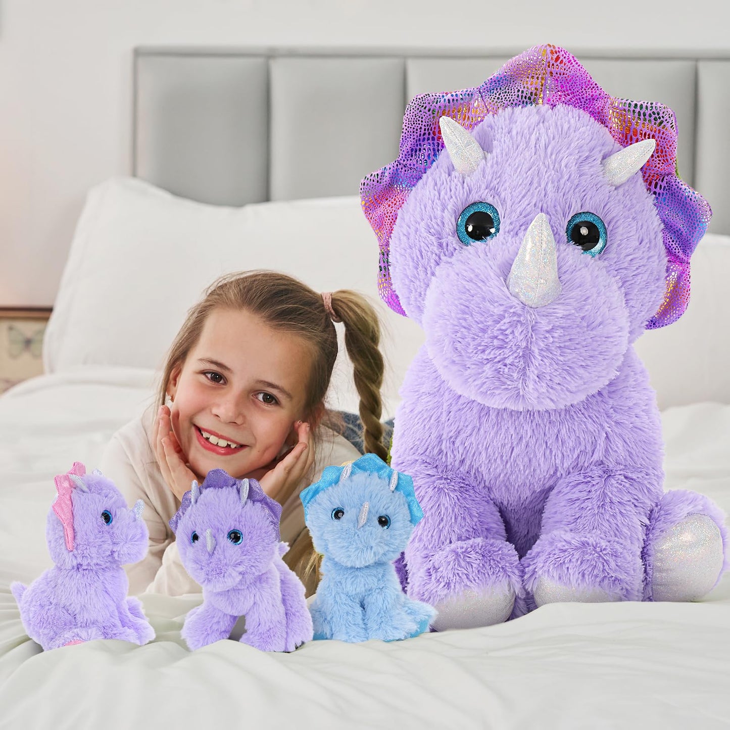 MaoGoLan 4 Pcs Dinosaur Stuffed Animals for Girls,Purple Stuffed Dinosaurs Plush Toys Set for Toddlers, Mummy Dinosaur with 3 Baby Triceratops Plushies, for Kids