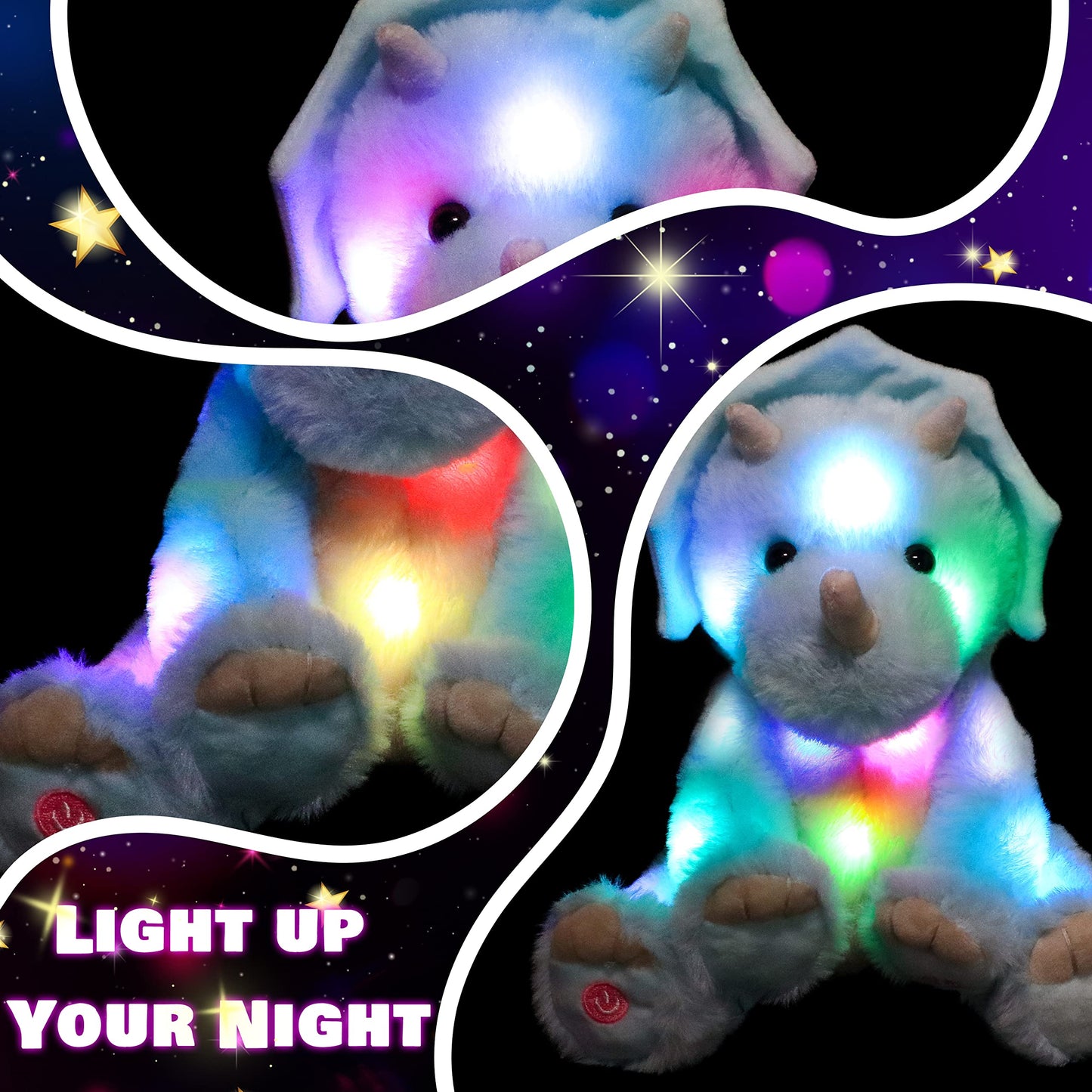 Cuteoy Blue Dinosaur LED Stuffed Animal Light-up Plush Birthday Christmas T-Rex Plushies Toy Gifts for Kids Toddler Girls, 12.5"