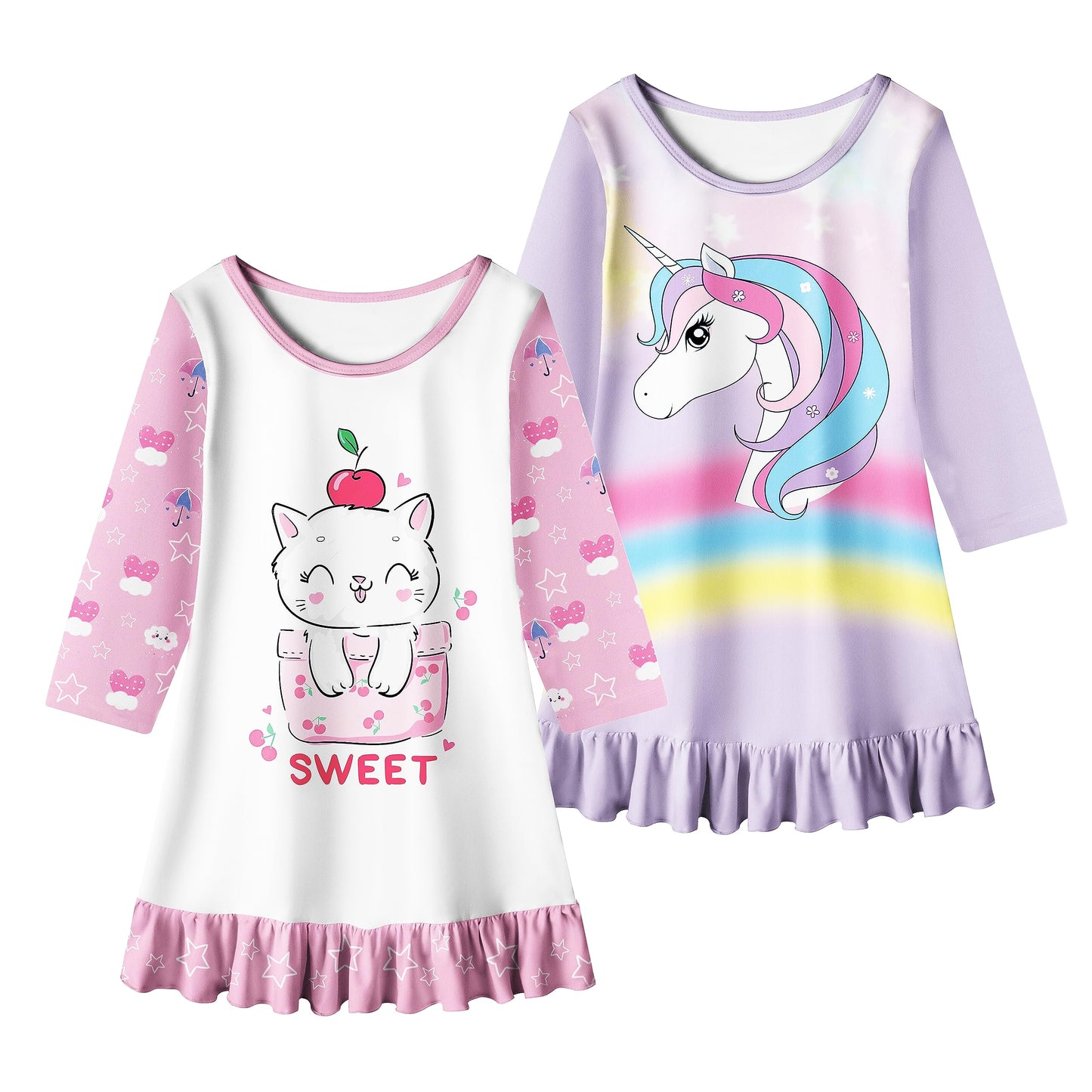 LQSZ 2Pcs Girls Nightgowns 3-10 Years Flutter Short Sleeves Nightdress Nightie Dress Sleepwear Pajamas for Little Girls