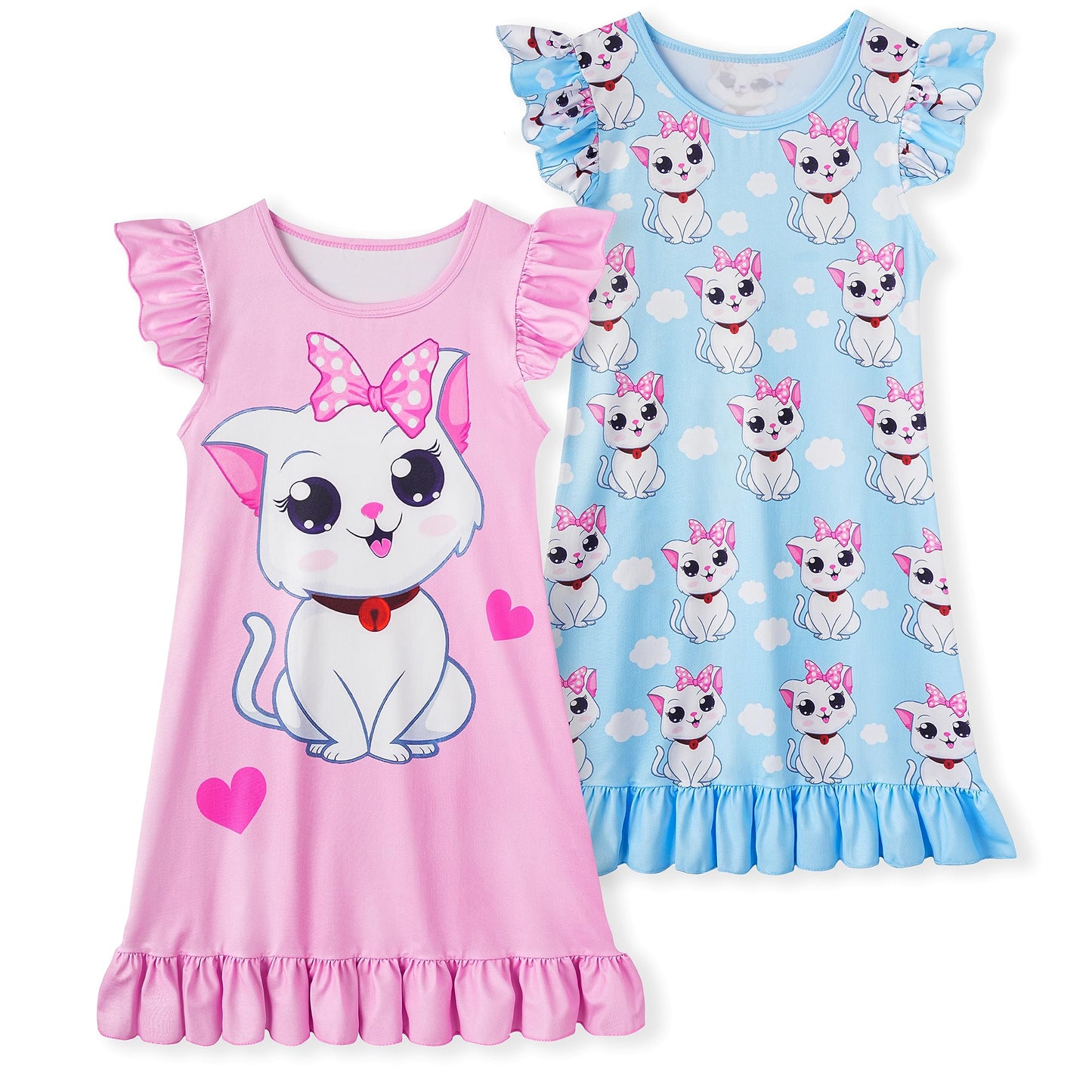 LQSZ 2Pcs Girls Nightgowns 3-10 Years Flutter Short Sleeves Nightdress Nightie Dress Sleepwear Pajamas for Little Girls