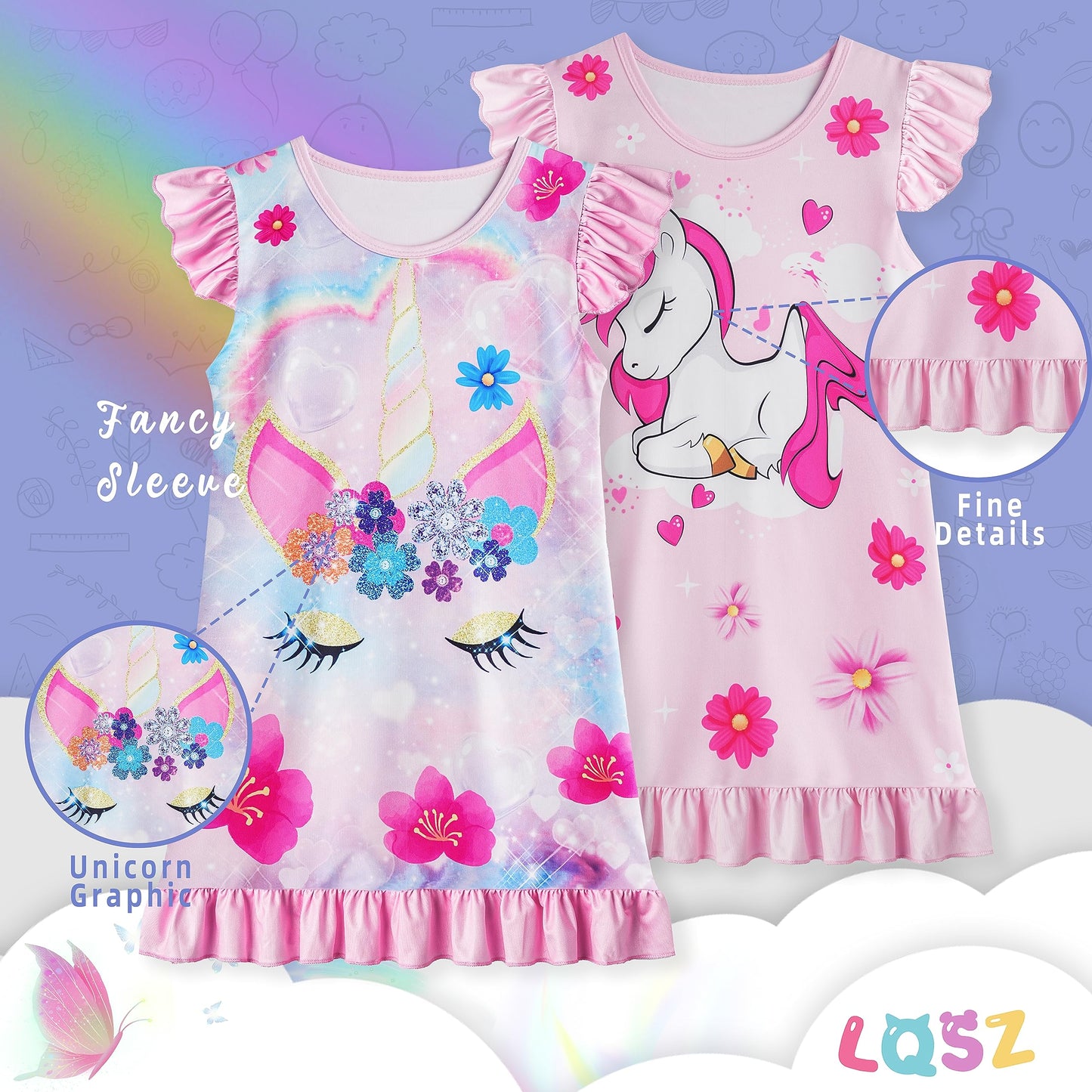 LQSZ 2Pcs Girls Nightgowns 3-10 Years Flutter Short Sleeves Nightdress Nightie Dress Sleepwear Pajamas for Little Girls