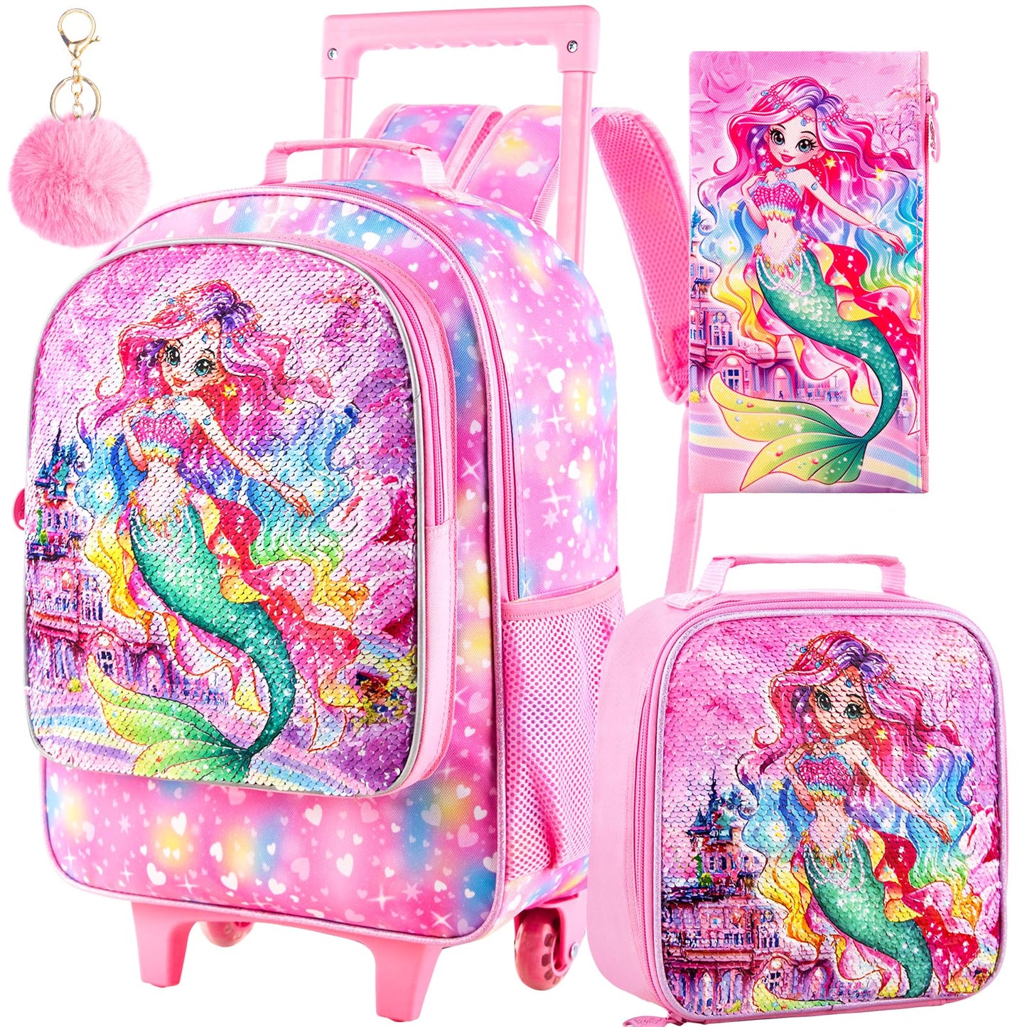 3PCS Rolling Backpack for Girls Boys, Kids Roller Wheeled Bookbag with Lunch Box, Backpacks with Wheels for Elementary