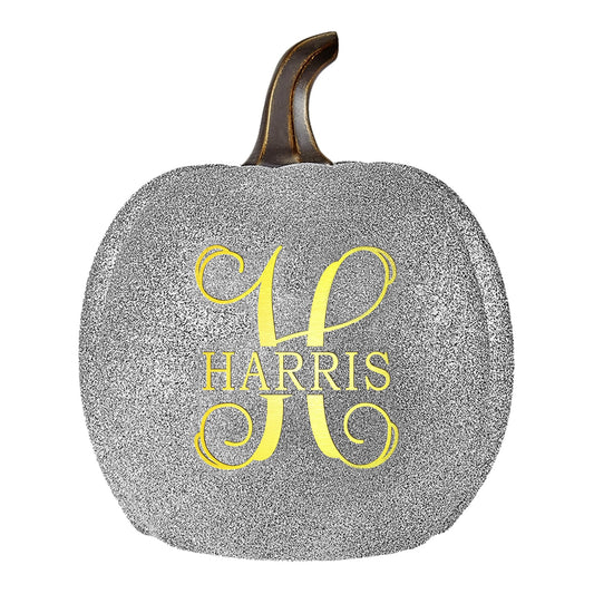 Let's Make Memories Personalized Light Up Pumpkin Decor Outdoor - Your Name & Initial on a Custom Pumpkin - Halloween Fall Decoration - Jack o Lantern - Outside or Inside - Large - Silver Glitter