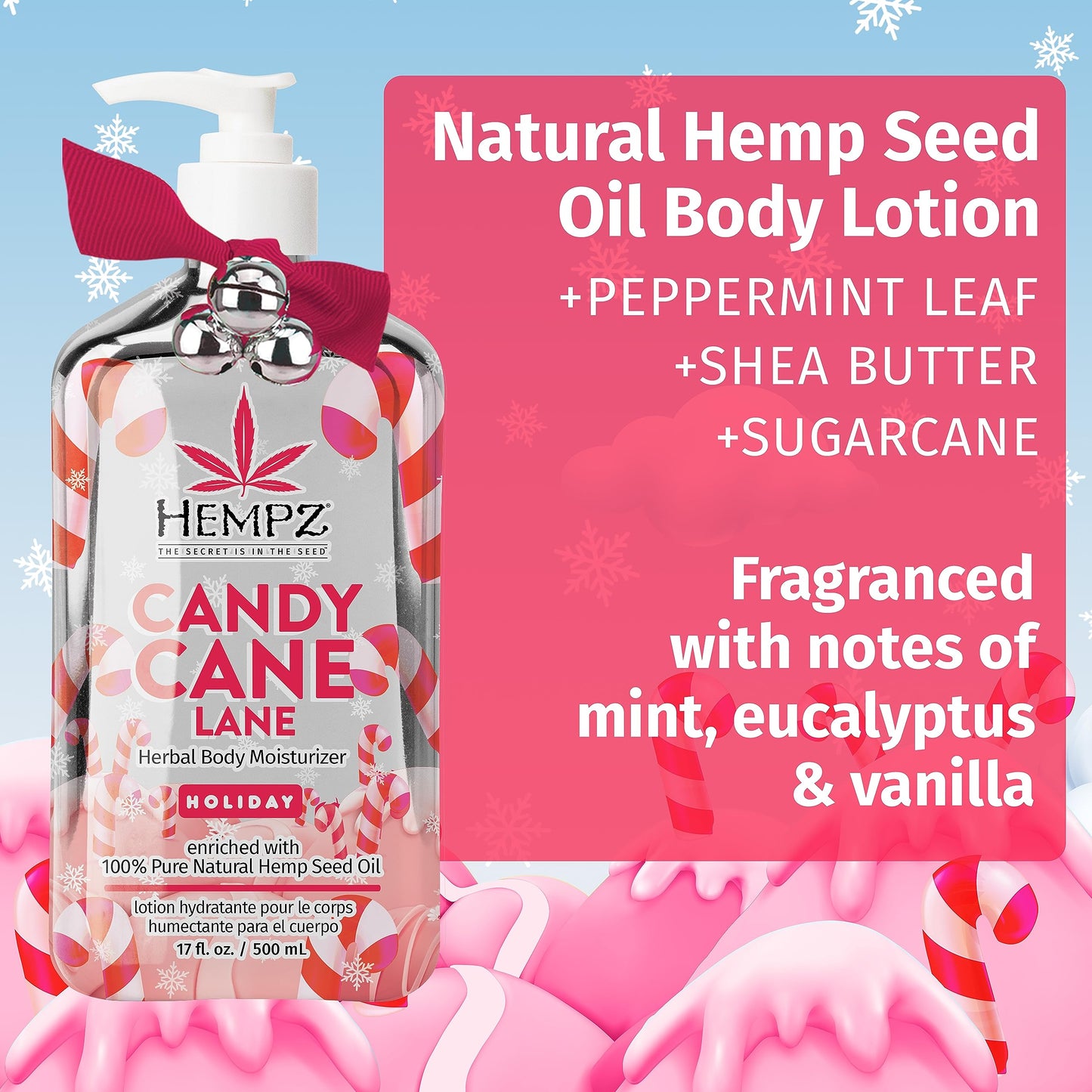 Hempz Limited Edition Peppermint Candy Cane Herbal Body Lotion Moisturizer (17 Oz) – Holiday Body Lotion for Women or Men with Dry or Sensitive Skin - Hydrating Face Moisturizer for Daily Radiance