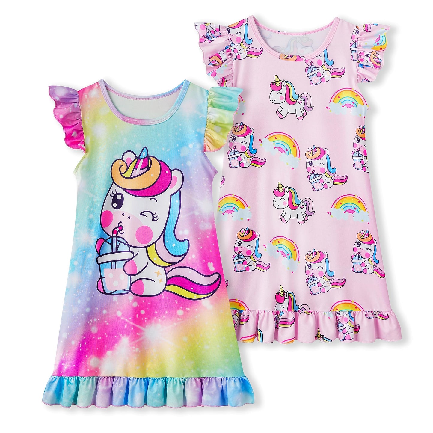 LQSZ 2Pcs Girls Nightgowns 3-10 Years Flutter Short Sleeves Nightdress Nightie Dress Sleepwear Pajamas for Little Girls