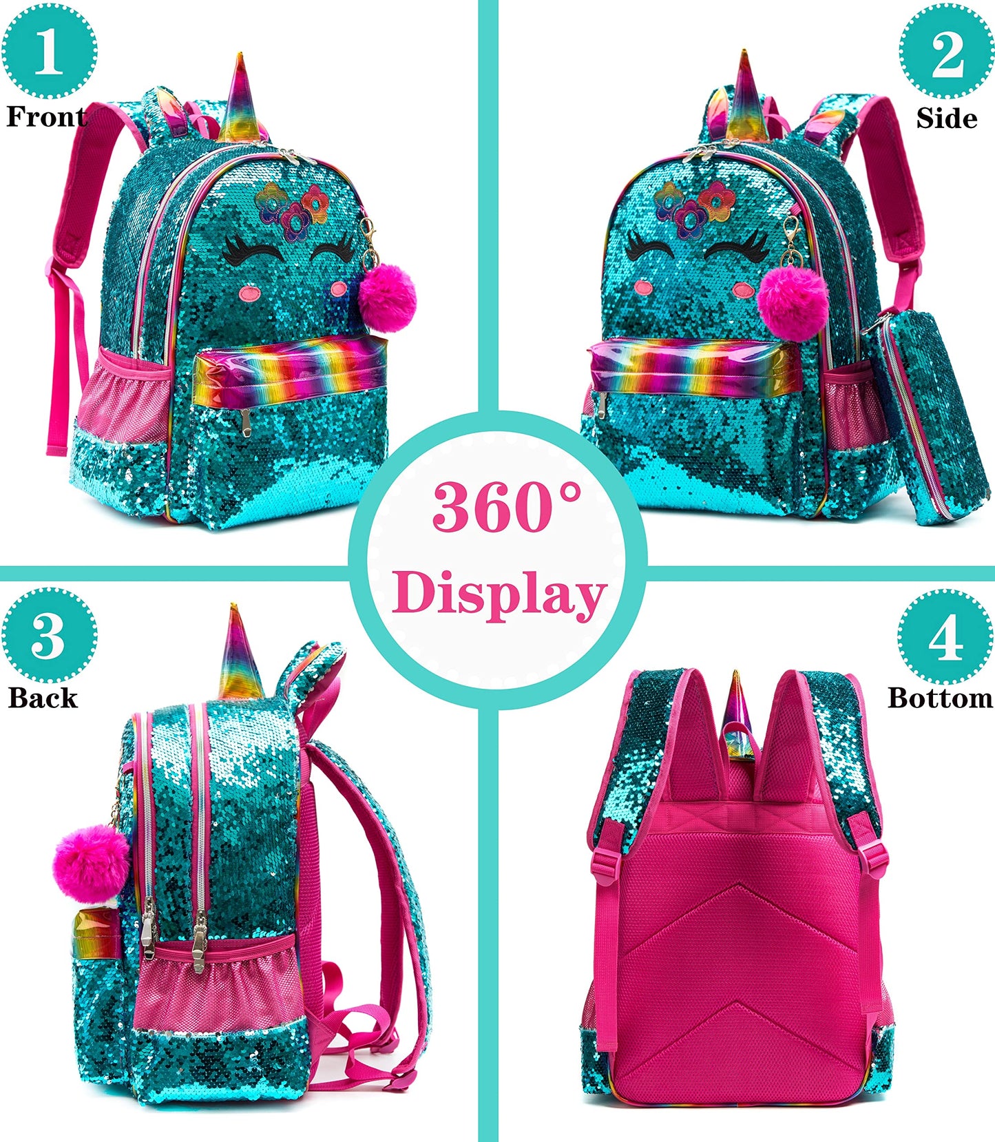 Meetbelify Backpacks for Girls,Kids School Backpacks with Lunch Box for Elementary Preschool Students Cute Panda Sequin Travel Backpack 3 in 1 Bookbag Set for Girls