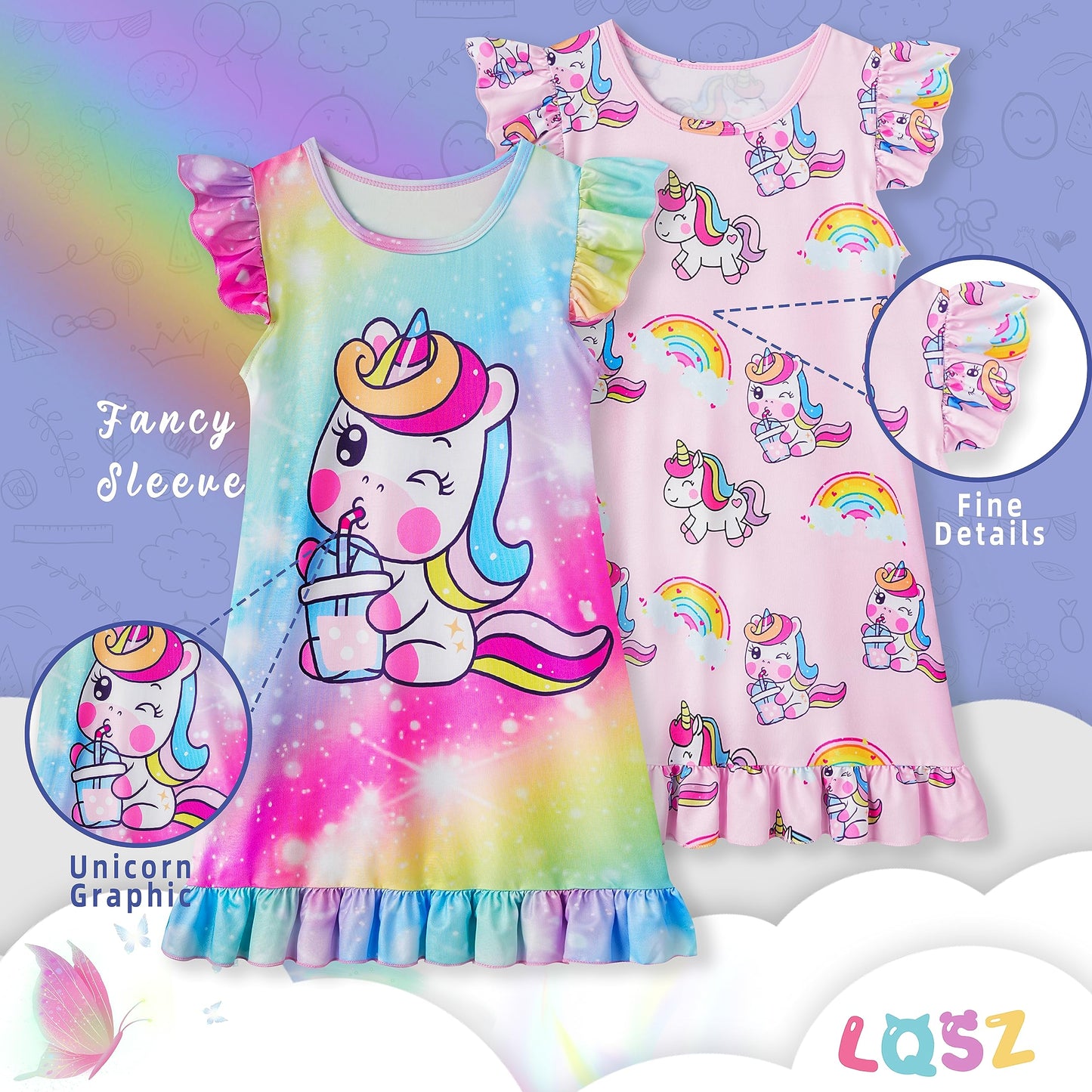 LQSZ 2Pcs Girls Nightgowns 3-10 Years Flutter Short Sleeves Nightdress Nightie Dress Sleepwear Pajamas for Little Girls