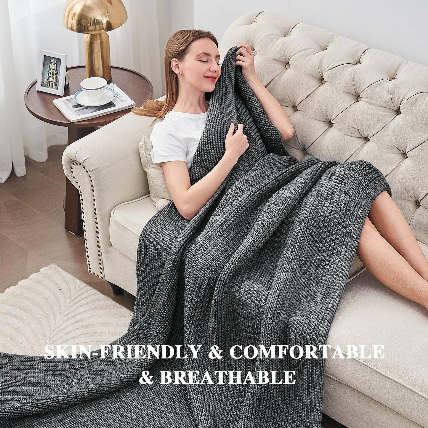 L'AGRATY Knitted Weighted Blanket - 60"x80" 15lbs Cooling Chunky Knit Heavy Blanket for Adults Braided Crochet Throw Thick Cable Yarn Knit Decorative Blanket No Beads Evenly Weighted Machine Washable