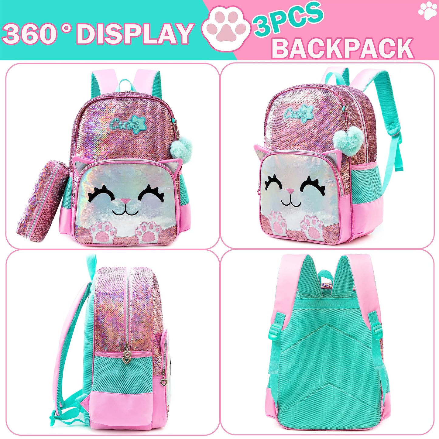 Meetbelify Backpacks for Girls,Kids School Backpacks with Lunch Box for Elementary Preschool Students Cute Panda Sequin Travel Backpack 3 in 1 Bookbag Set for Girls