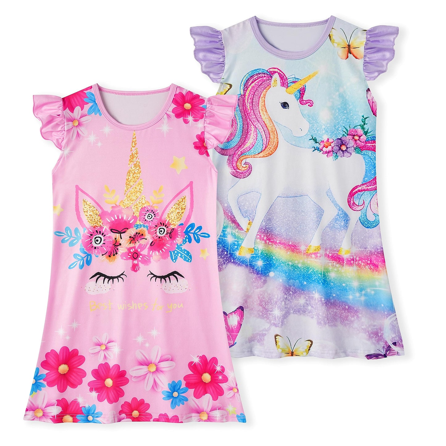 LQSZ 2Pcs Girls Nightgowns 3-10 Years Flutter Short Sleeves Nightdress Nightie Dress Sleepwear Pajamas for Little Girls