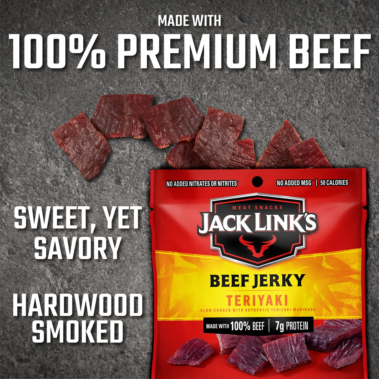 Jack Link's Beef Jerky, Teriyaki - Flavorful Meat Snack for Lunches, Ready to Eat Snacks - 7g of Protein, Made with Premium Beef - 0.625 Oz Bags (Pack of 5)