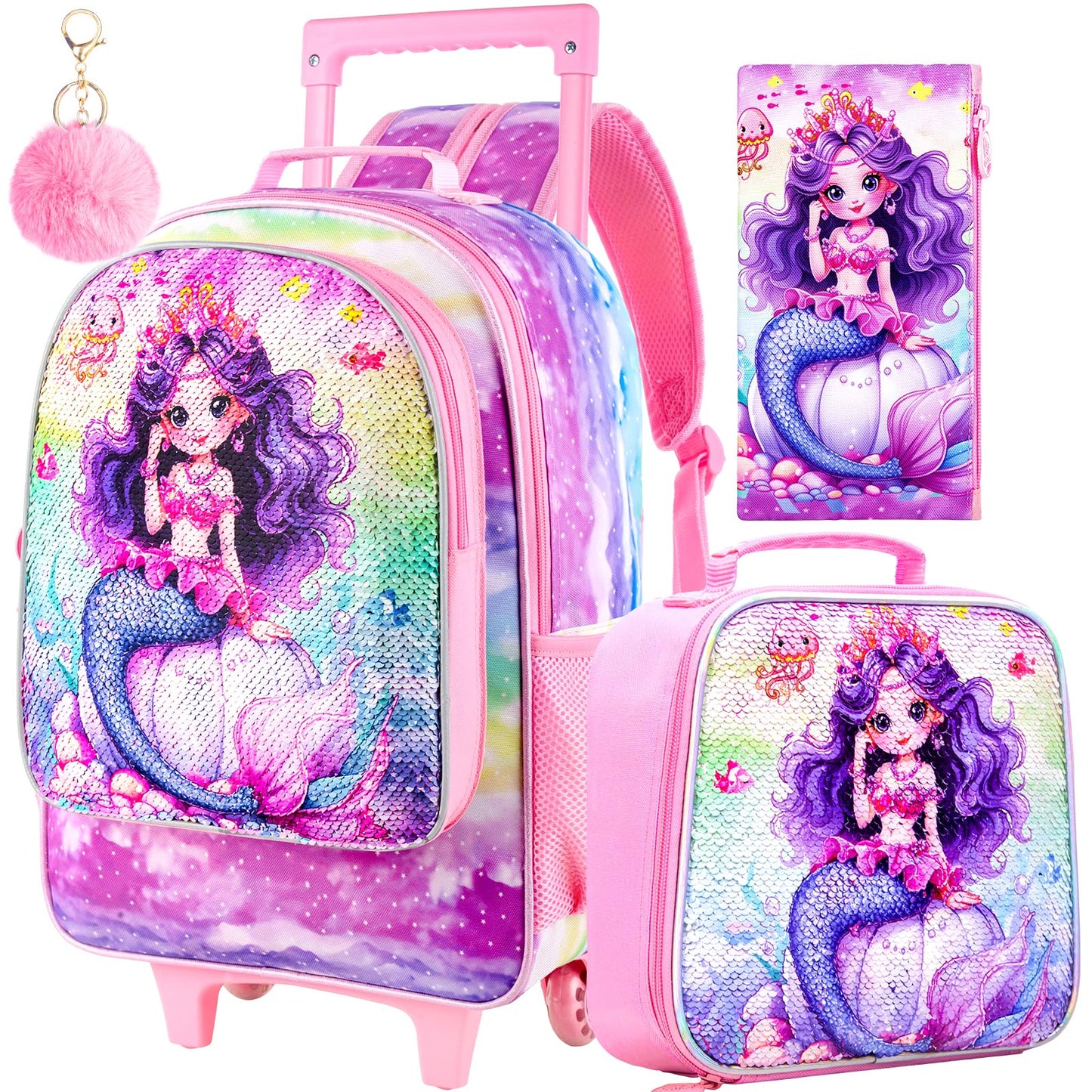 3PCS Rolling Backpack for Girls Boys, Kids Roller Wheeled Bookbag with Lunch Box, Backpacks with Wheels for Elementary