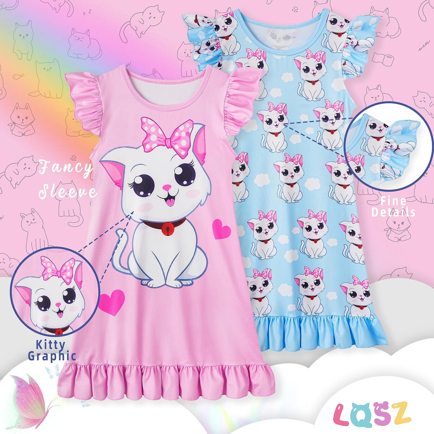 LQSZ 2Pcs Girls Nightgowns 3-10 Years Flutter Short Sleeves Nightdress Nightie Dress Sleepwear Pajamas for Little Girls