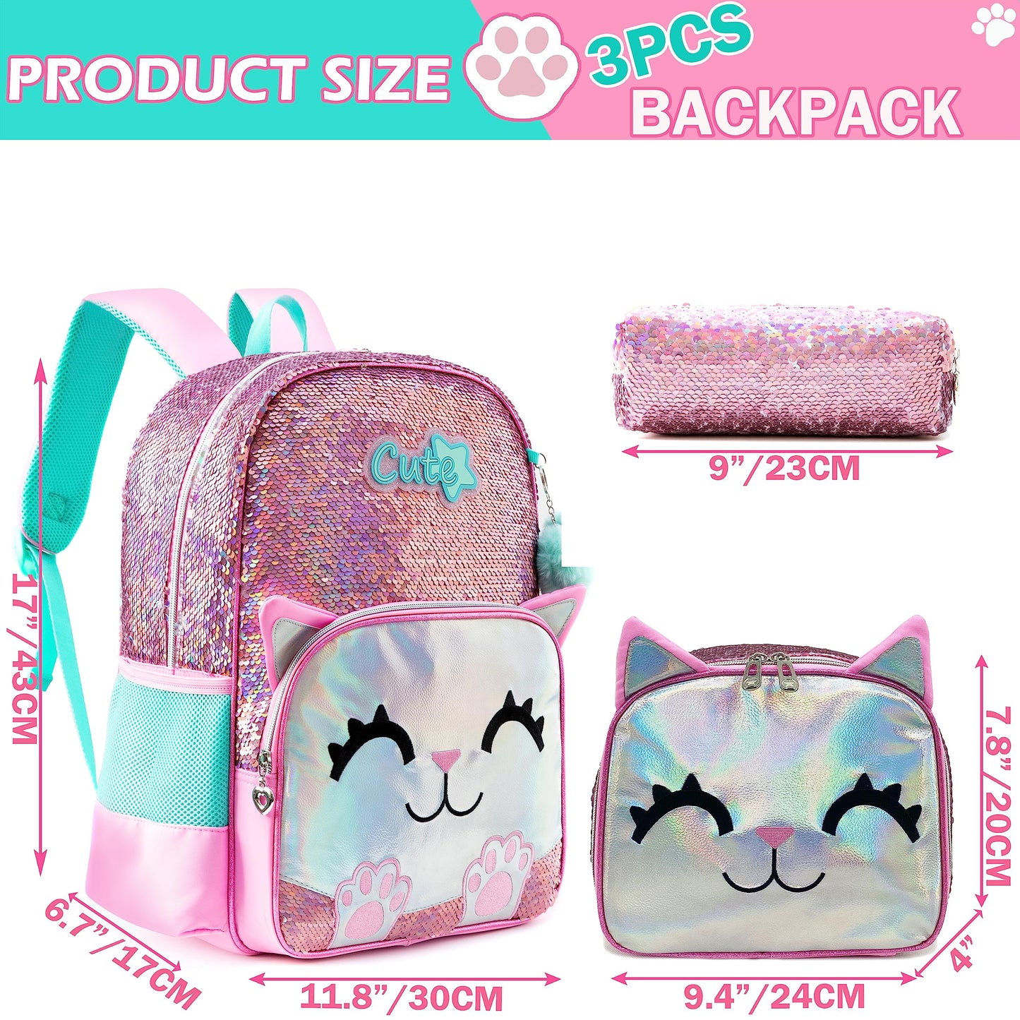 Meetbelify Backpacks for Girls,Kids School Backpacks with Lunch Box for Elementary Preschool Students Cute Panda Sequin Travel Backpack 3 in 1 Bookbag Set for Girls