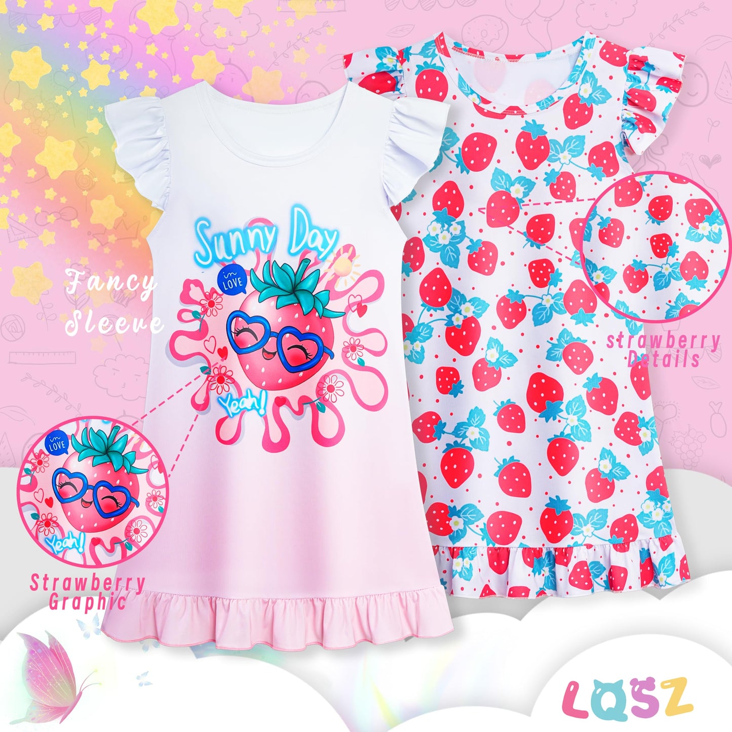 LQSZ 2Pcs Girls Nightgowns 3-10 Years Flutter Short Sleeves Nightdress Nightie Dress Sleepwear Pajamas for Little Girls