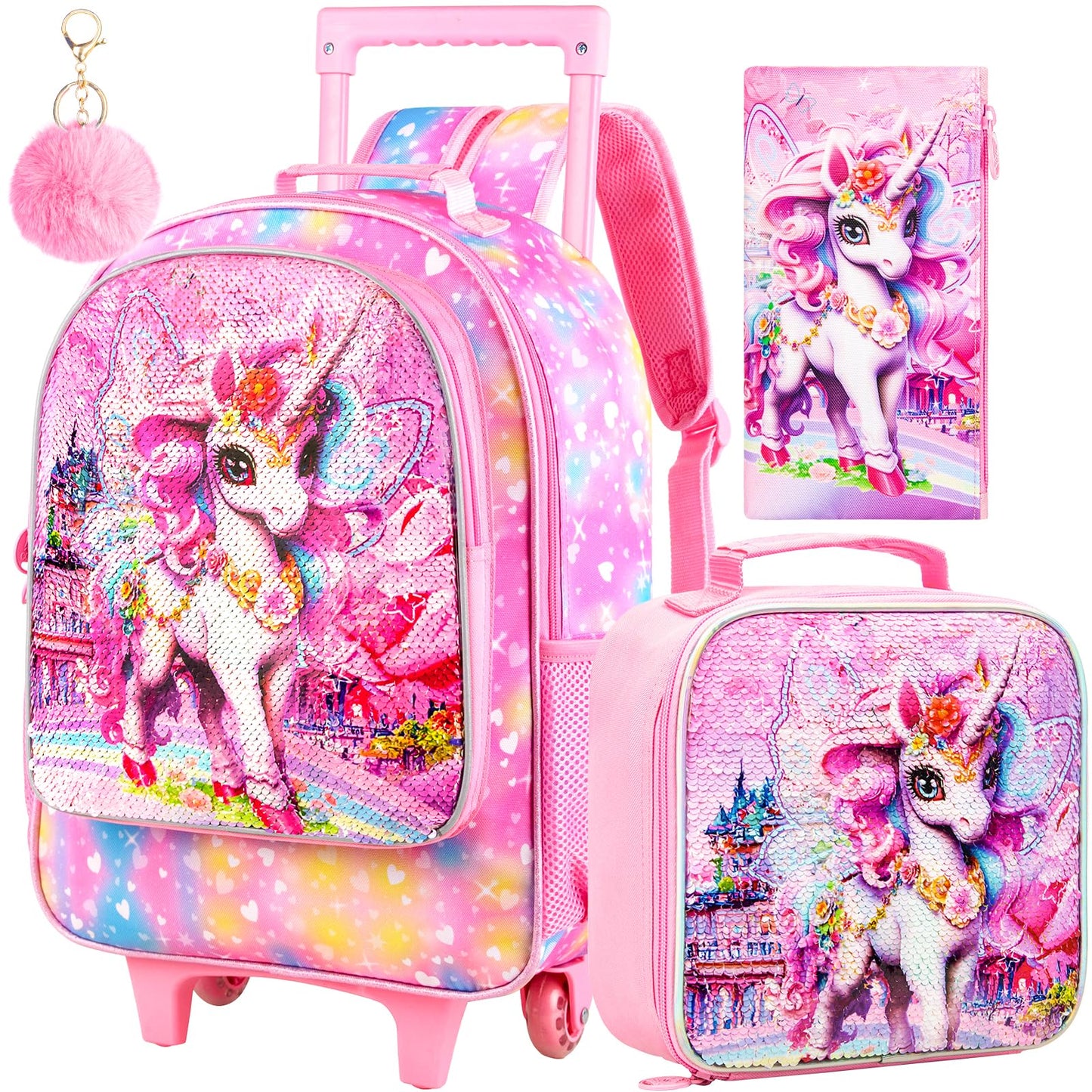 3PCS Rolling Backpack for Girls Boys, Kids Roller Wheeled Bookbag with Lunch Box, Backpacks with Wheels for Elementary