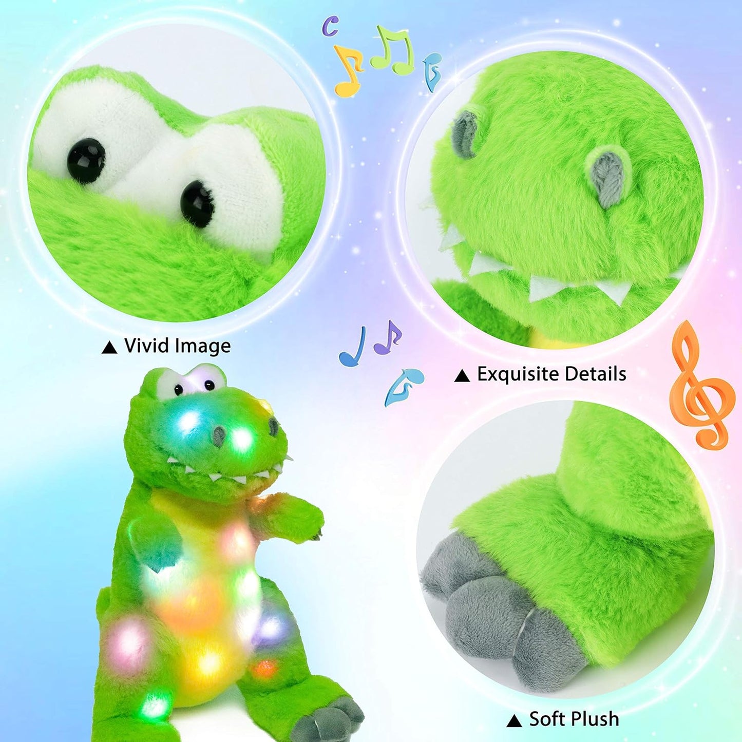 Hopearl LED Musical T-Rex Stuffed Dinosaur Lighting Up Singing Plush Toy Adjustable Volume Lullaby Animated Soothe Birthday Festival for Kids Toddler Girls, Green, 12.5''