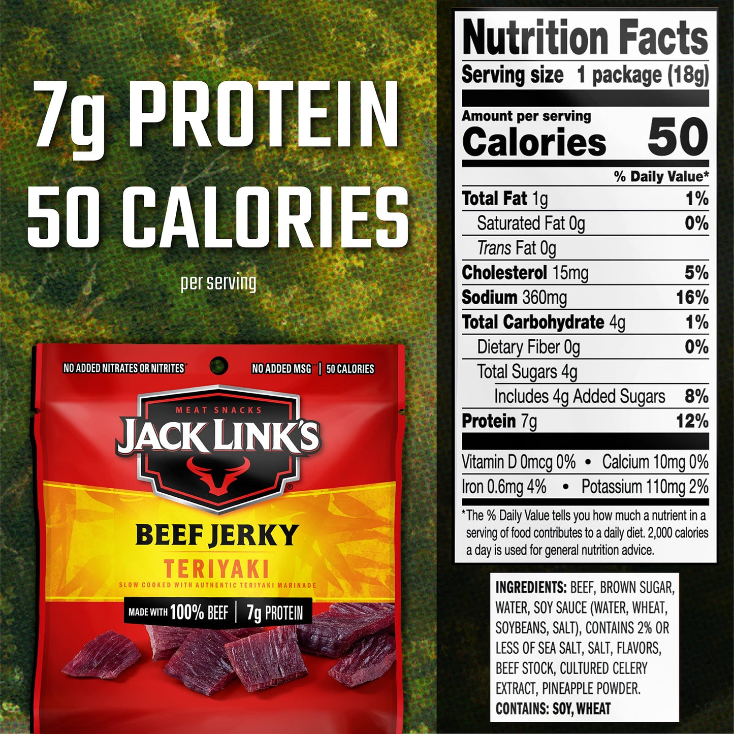 Jack Link's Beef Jerky, Teriyaki - Flavorful Meat Snack for Lunches, Ready to Eat Snacks - 7g of Protein, Made with Premium Beef - 0.625 Oz Bags (Pack of 5)