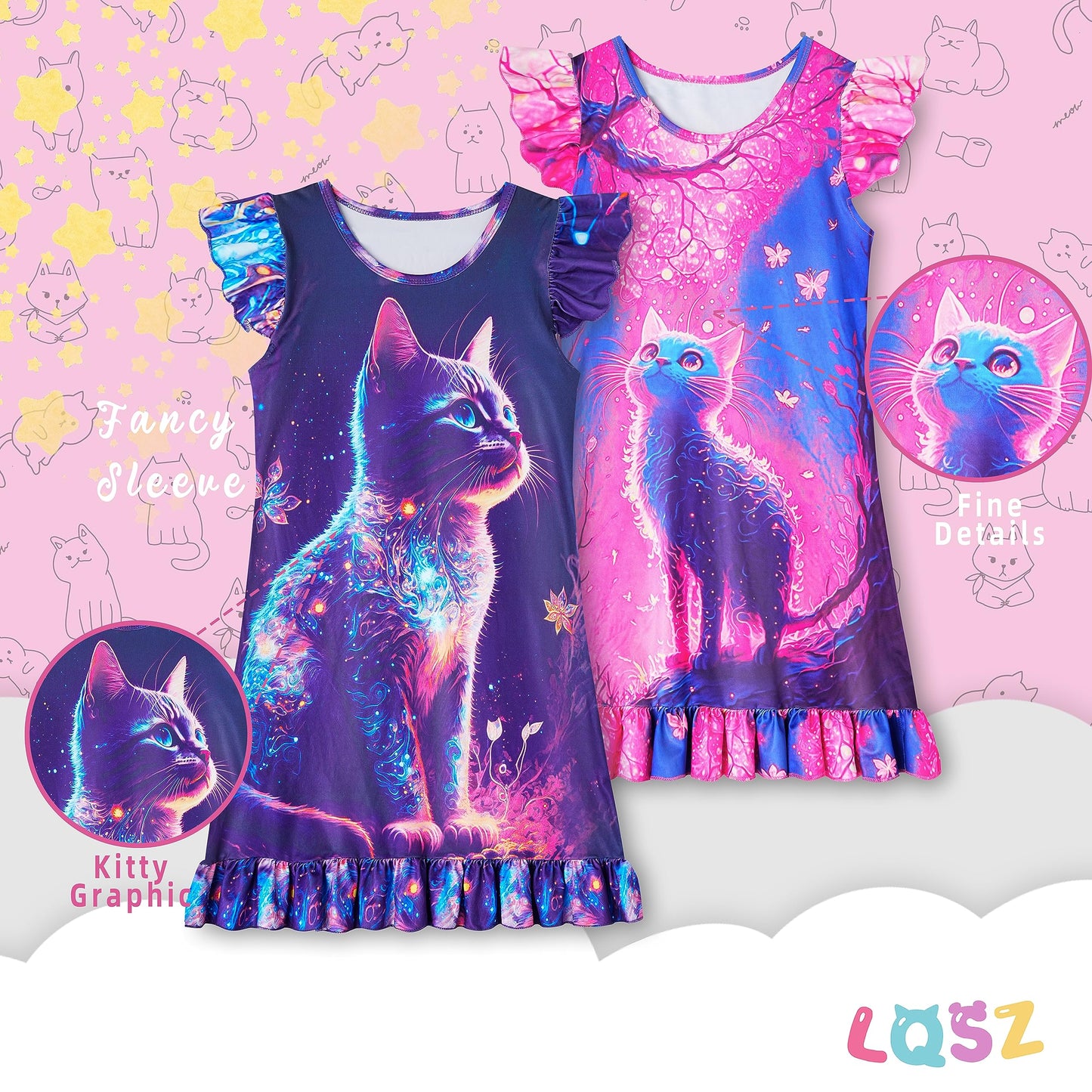 LQSZ 2Pcs Girls Nightgowns 3-10 Years Flutter Short Sleeves Nightdress Nightie Dress Sleepwear Pajamas for Little Girls