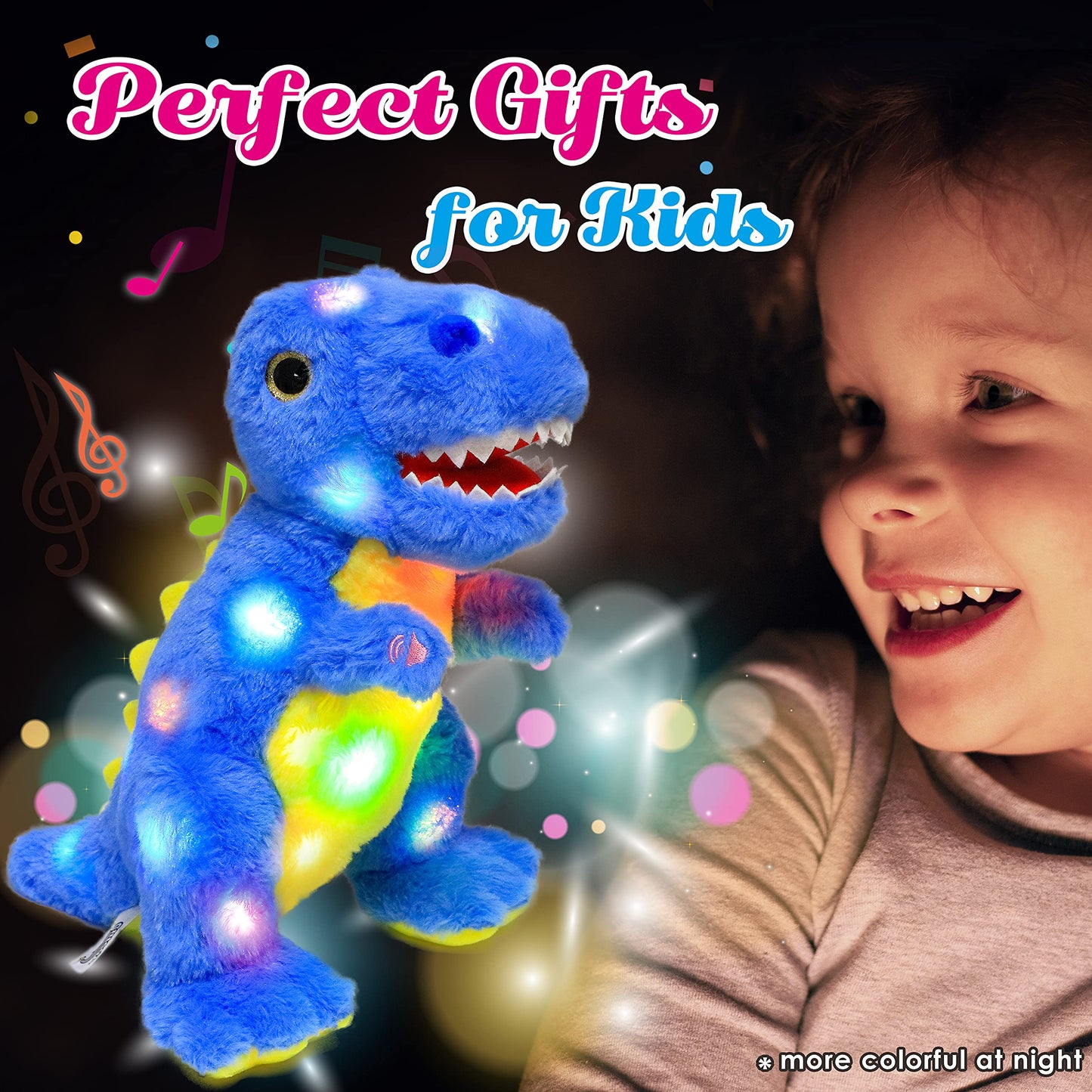 Cuteoy Blue Dinosaur LED Stuffed Animal Light-up Plush Birthday Christmas T-Rex Plushies Toy Gifts for Kids Toddler Girls, 12.5"