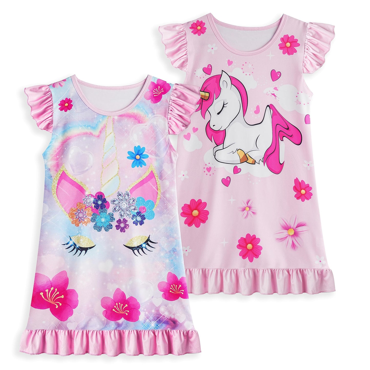 LQSZ 2Pcs Girls Nightgowns 3-10 Years Flutter Short Sleeves Nightdress Nightie Dress Sleepwear Pajamas for Little Girls